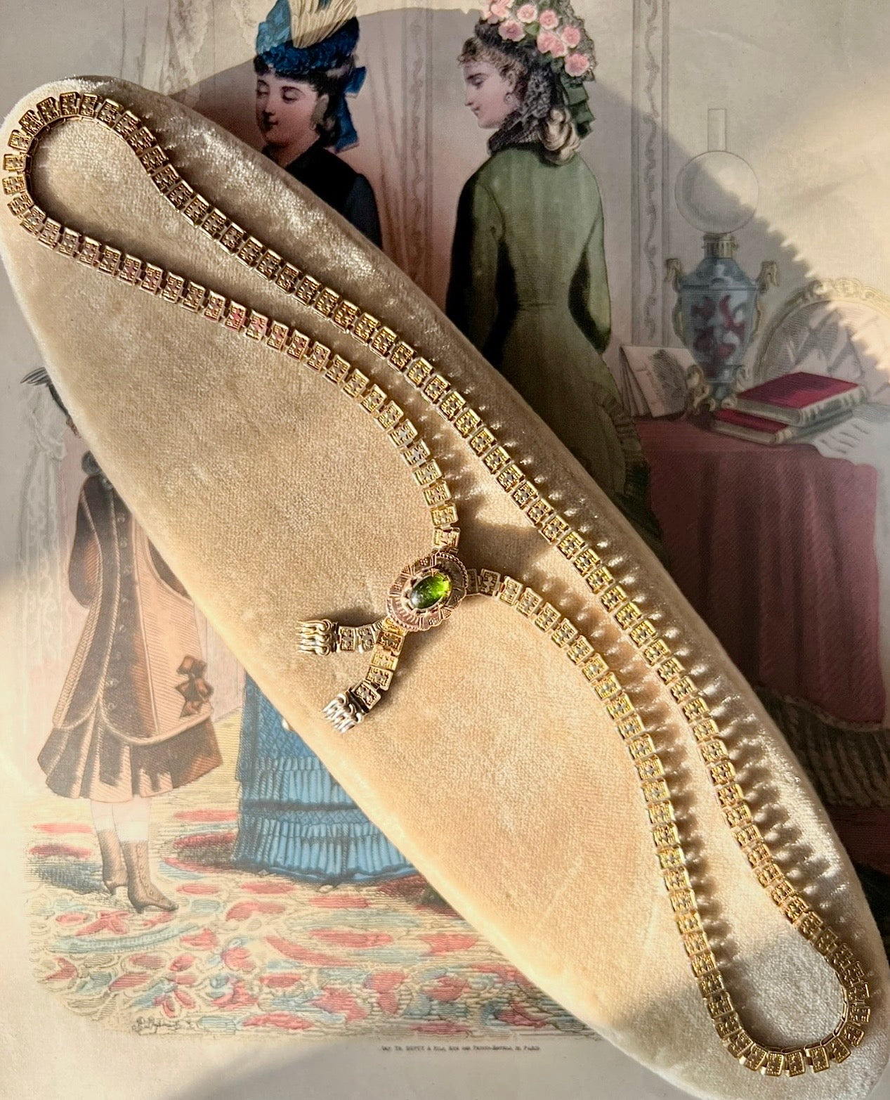 ANTIQUE • Victorian 10k Yellow Gold Book Chain Necklace w/ Tourmaline Clasp