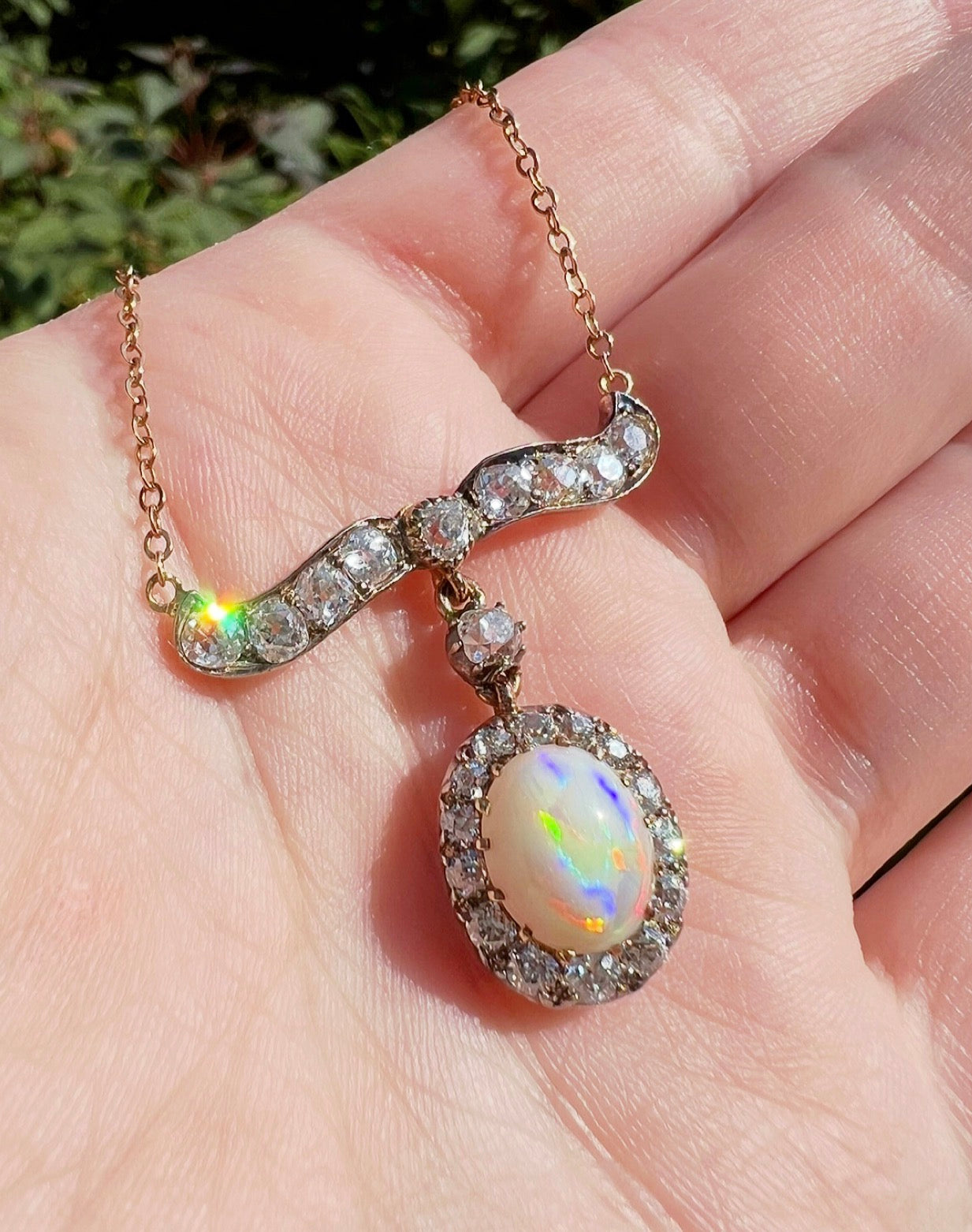 ANTIQUE • Victorian 14k Silver-Topped Gold Old Mine Cut Diamond & Opal Necklace