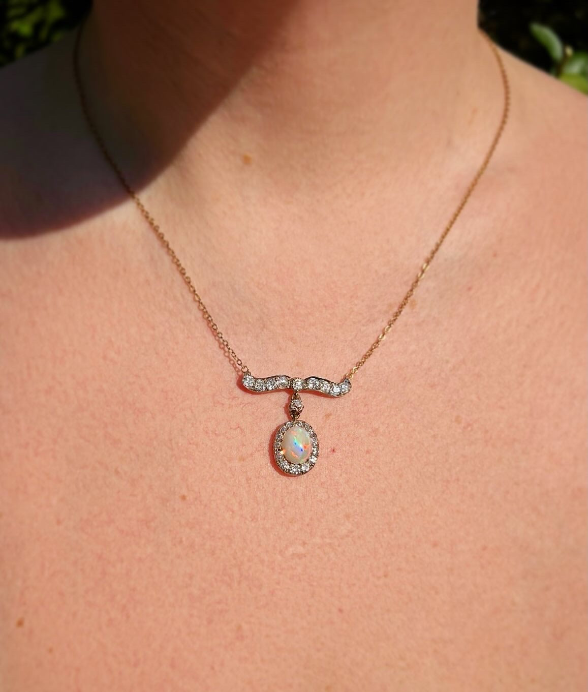 ANTIQUE • Victorian 14k Silver-Topped Gold Old Mine Cut Diamond & Opal Necklace