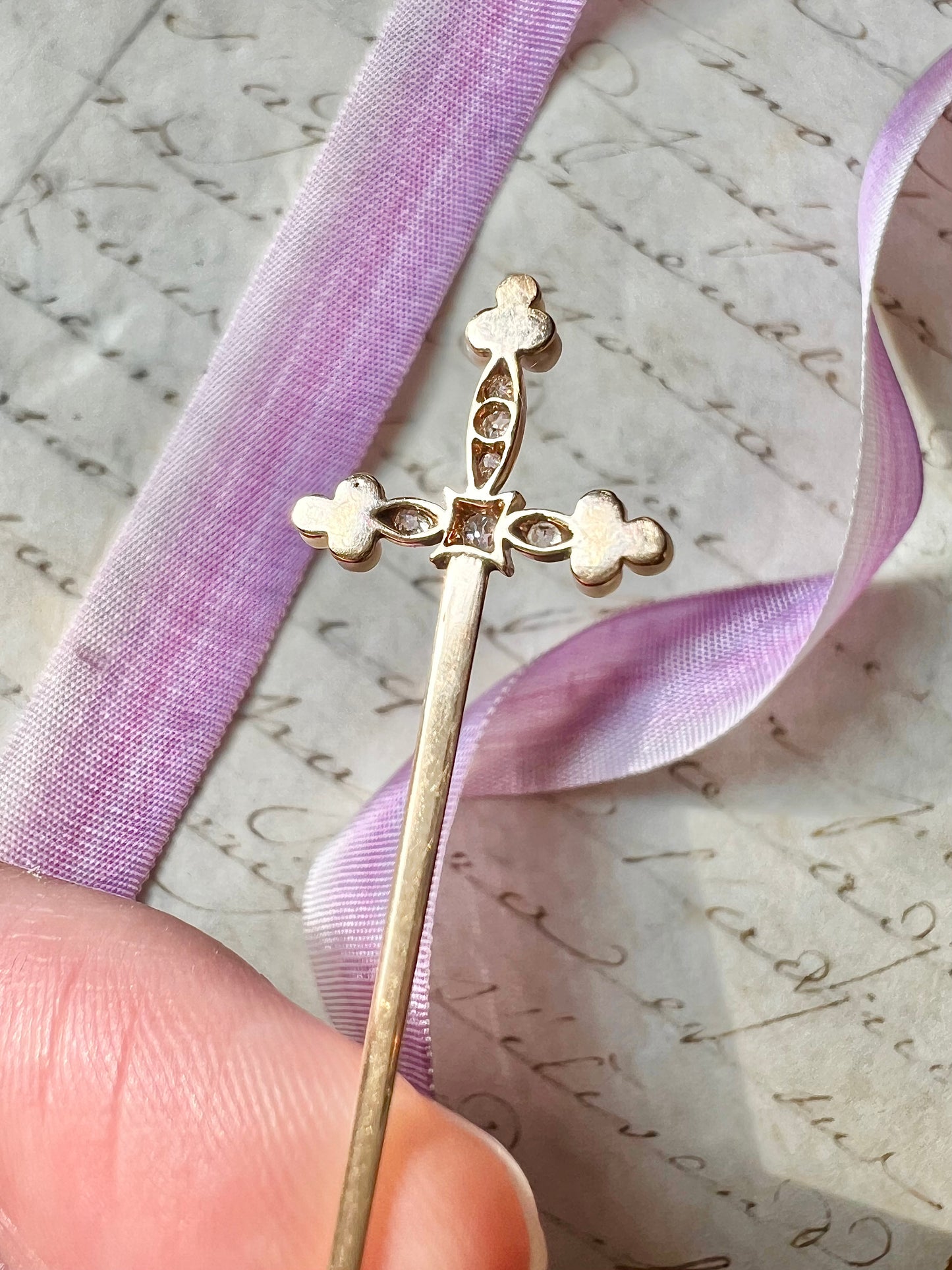 ANTIQUE • Victorian 14k Yellow Gold Sword Jabot w/ Old Mine Cut Diamonds & Saltwater Pearls