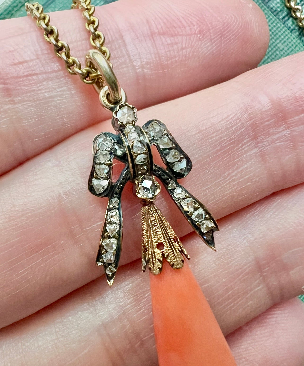 ANTIQUE • Victorian 15ct Yellow Gold Lavalier Bow Pendant w/ Rose Cut Diamonds & Coral