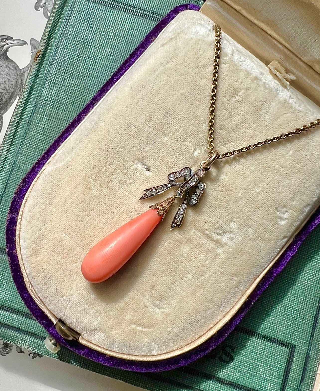 ANTIQUE • Victorian 15ct Yellow Gold Lavalier Bow Pendant w/ Rose Cut Diamonds & Coral