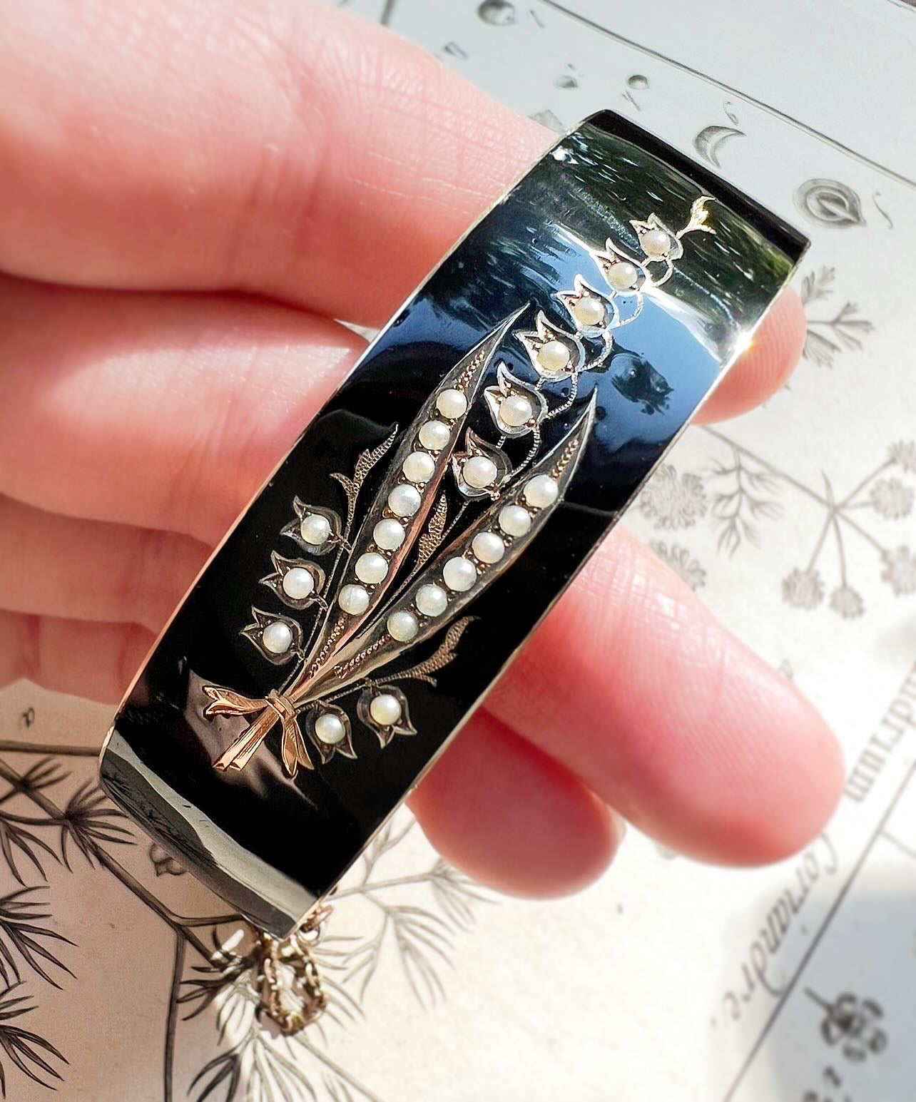 ANTIQUE • Victorian 10k Yellow Gold w/ Enamel & Seed Pearls Mourning Cuff Bracelet
