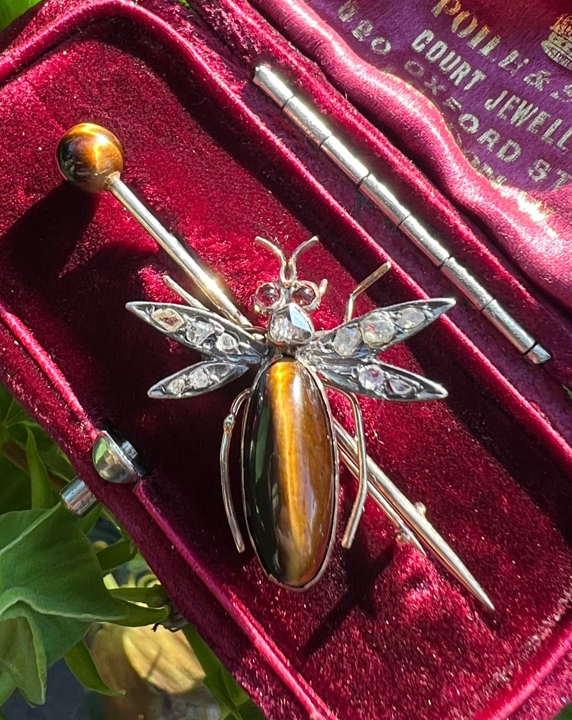 ANTIQUE • Victorian 9ct Silver-Topped Gold w/ Tiger’s Eye & Rose Cut Diamonds Flying Insect Bar Brooch