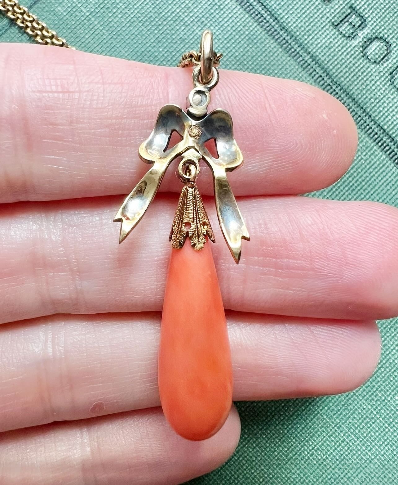 ANTIQUE • Victorian 15ct Yellow Gold Lavalier Bow Pendant w/ Rose Cut Diamonds & Coral