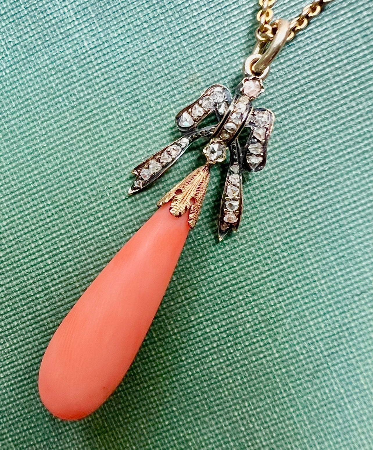 ANTIQUE • Victorian 15ct Yellow Gold Lavalier Bow Pendant w/ Rose Cut Diamonds & Coral