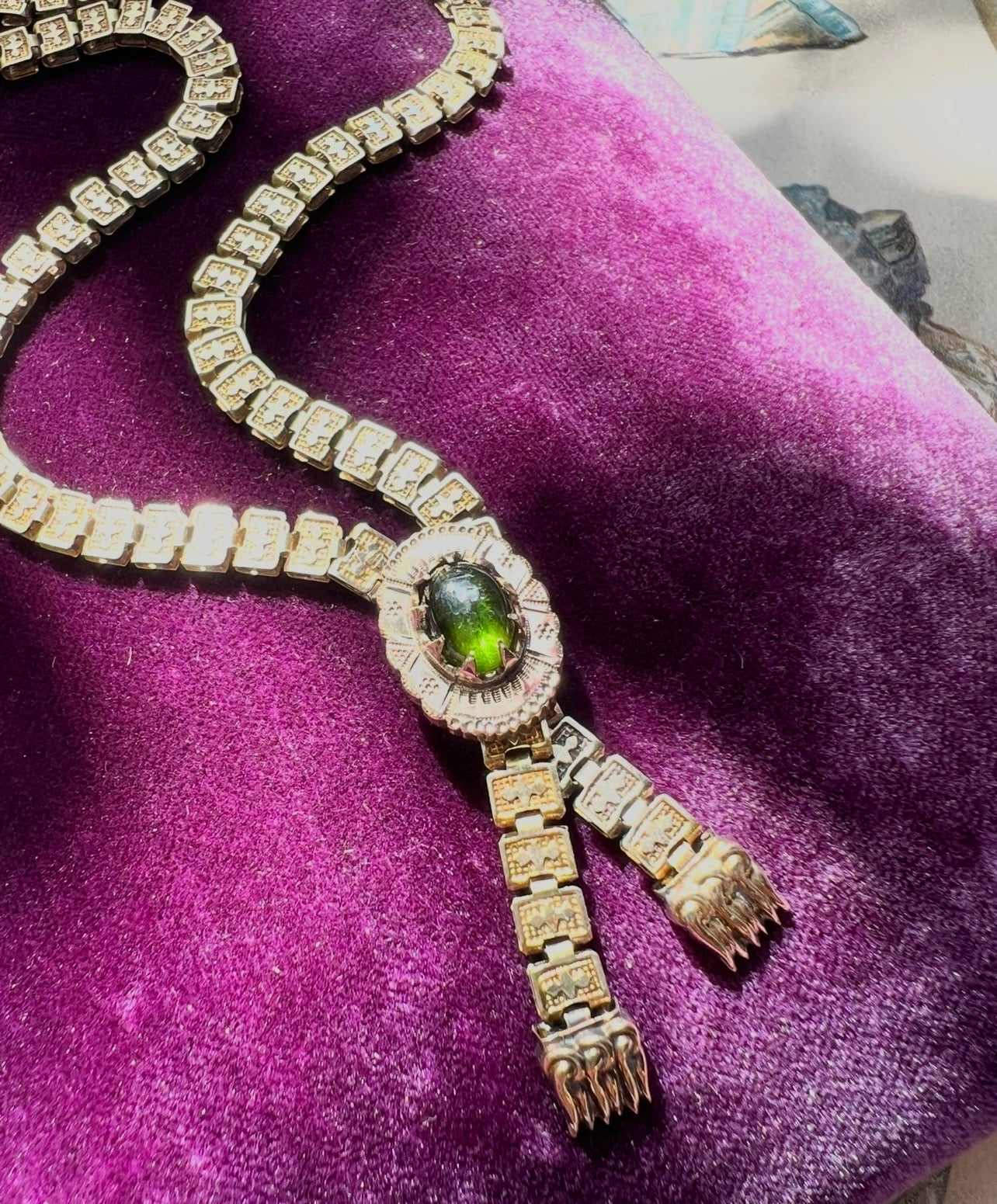 ANTIQUE • Victorian 10k Yellow Gold Book Chain Necklace w/ Tourmaline Clasp