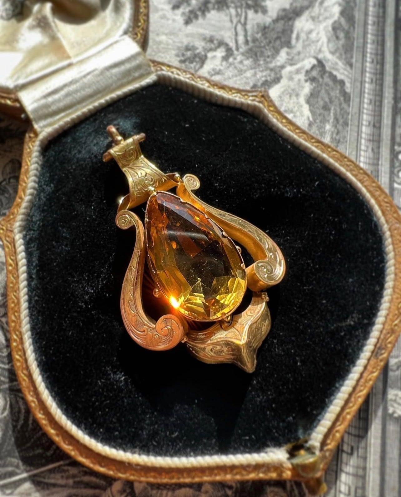 ANTIQUE • Georgian 14k Yellow Gold w/ Citrine Engraved Pendant