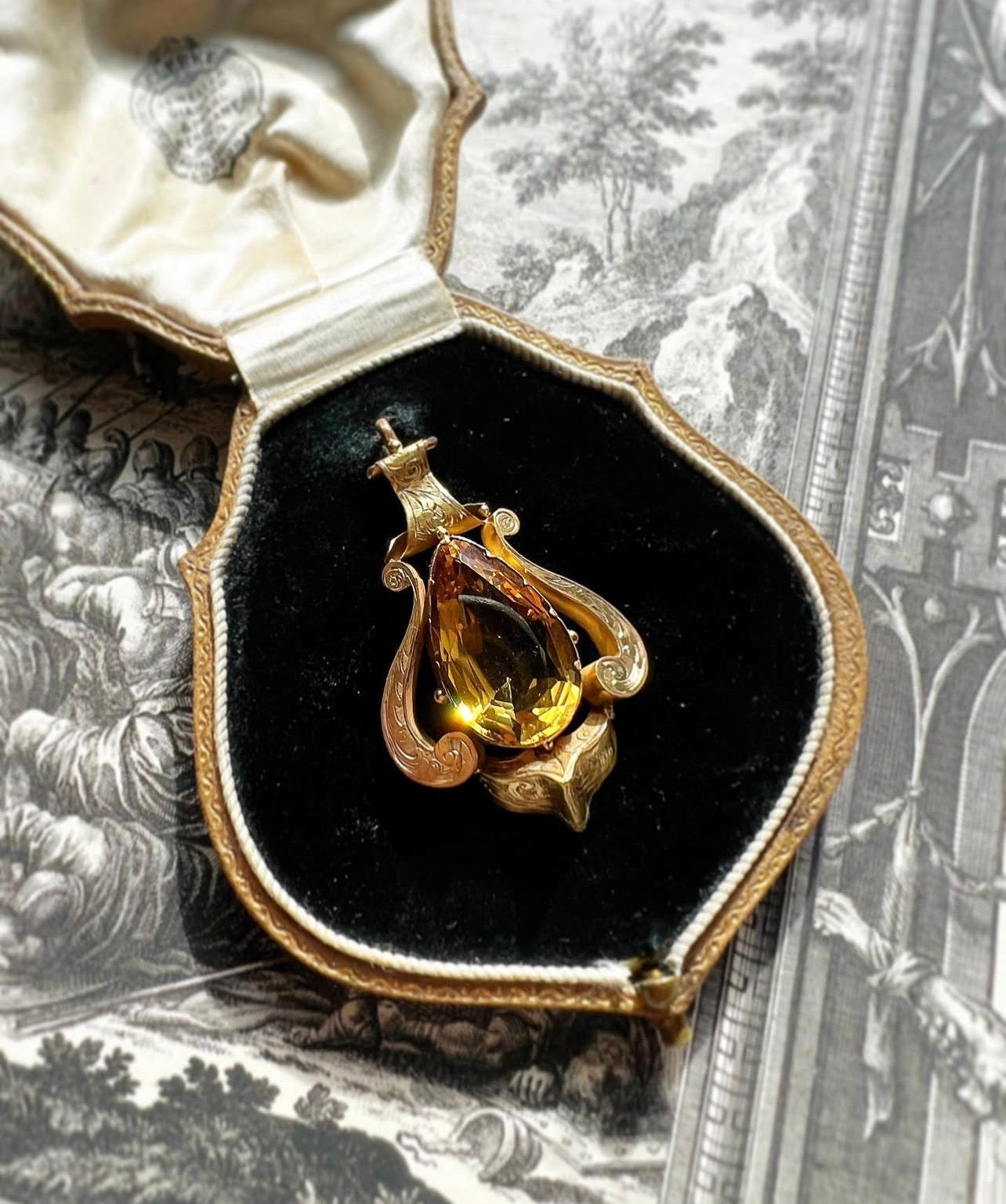 ANTIQUE • Georgian 14k Yellow Gold w/ Citrine Engraved Pendant
