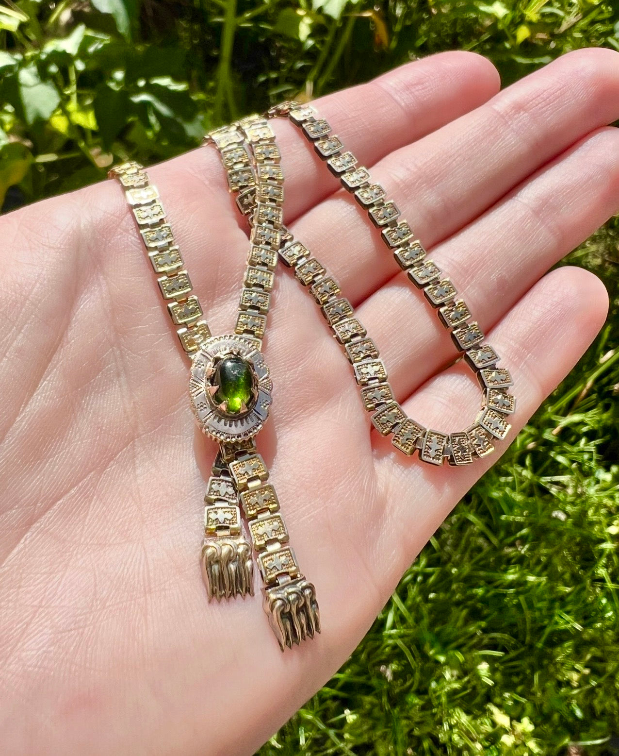 ANTIQUE • Victorian 10k Yellow Gold Book Chain Necklace w/ Tourmaline Clasp