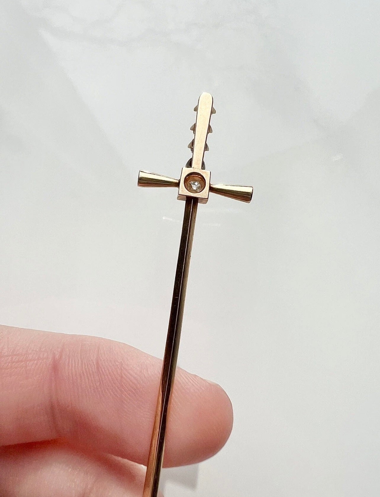 ANTIQUE • Art Deco 14k Yellow Gold w/ Old Mine Cut Diamonds Sword Stick Pin