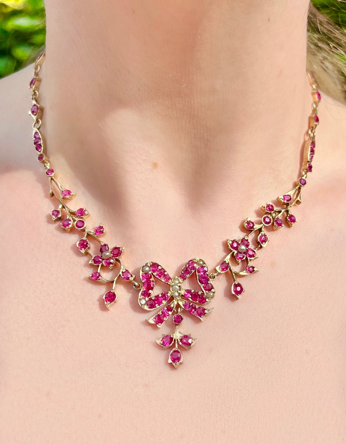 ANTIQUE • Victorian Natural Ruby Floral Necklace