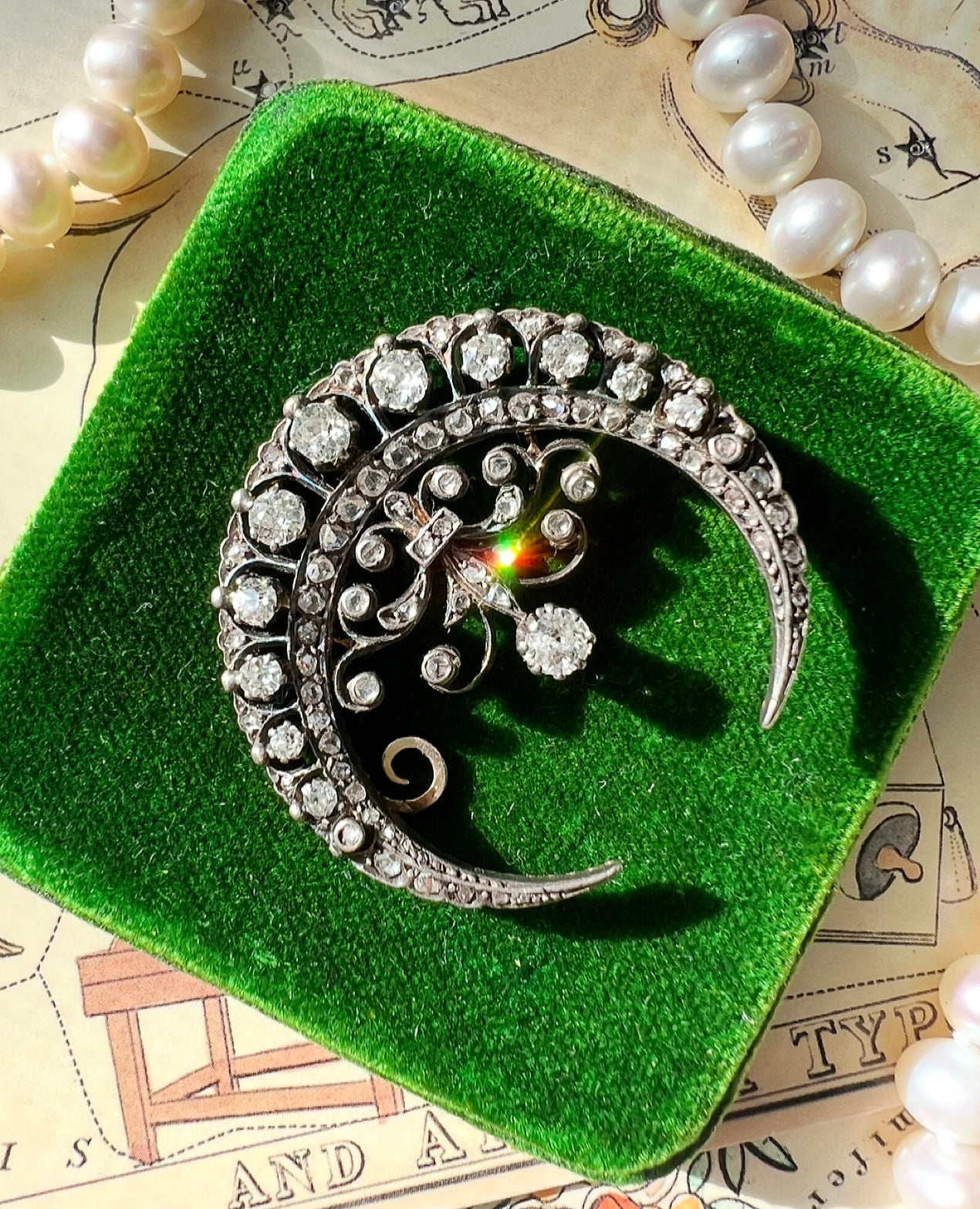 ANTIQUE • Victorian 18k Rosy Yellow Gold Old Mine Cut & Rose Cut Diamond Crescent Brooch