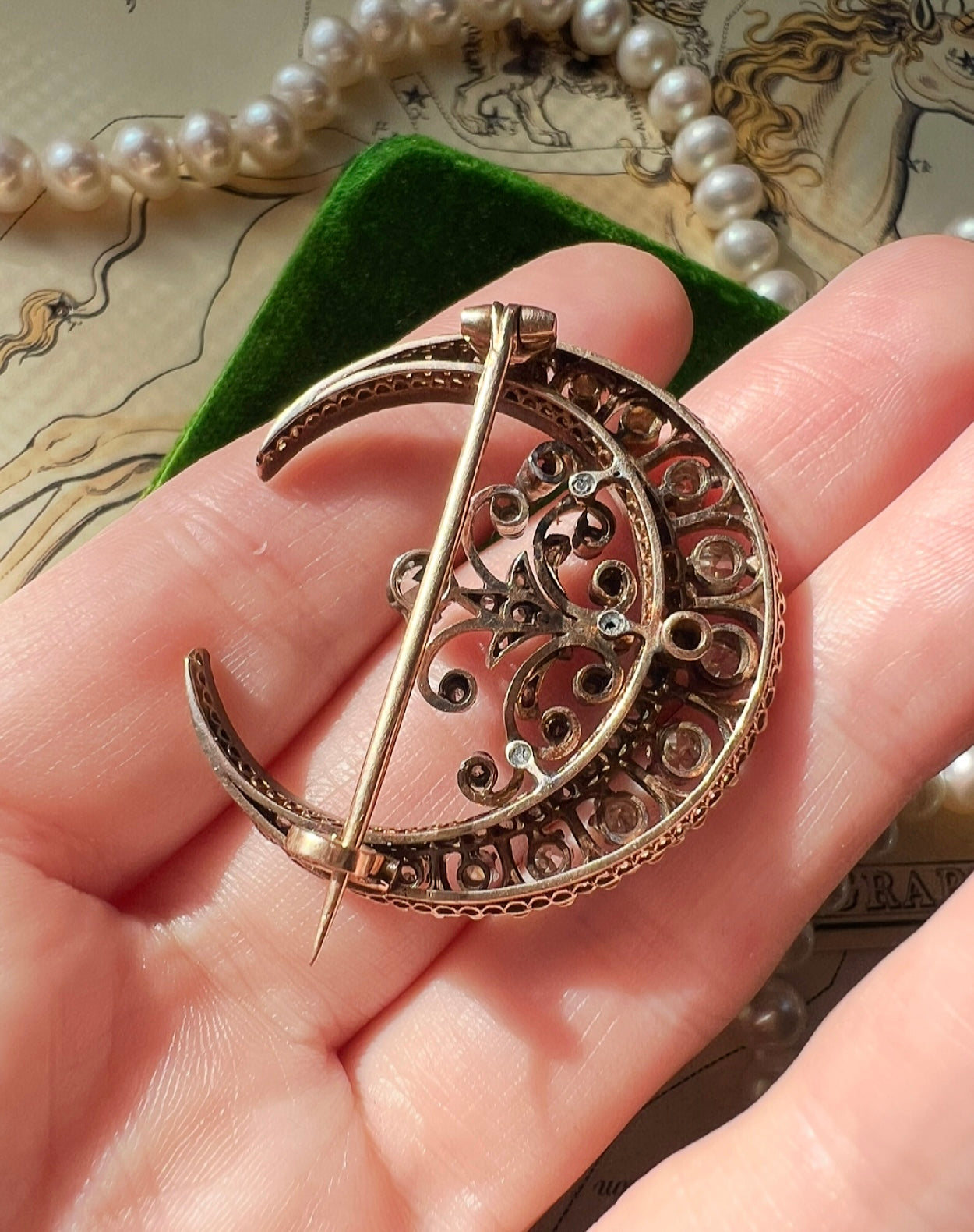 ANTIQUE • Victorian 18k Rosy Yellow Gold Old Mine Cut & Rose Cut Diamond Crescent Brooch