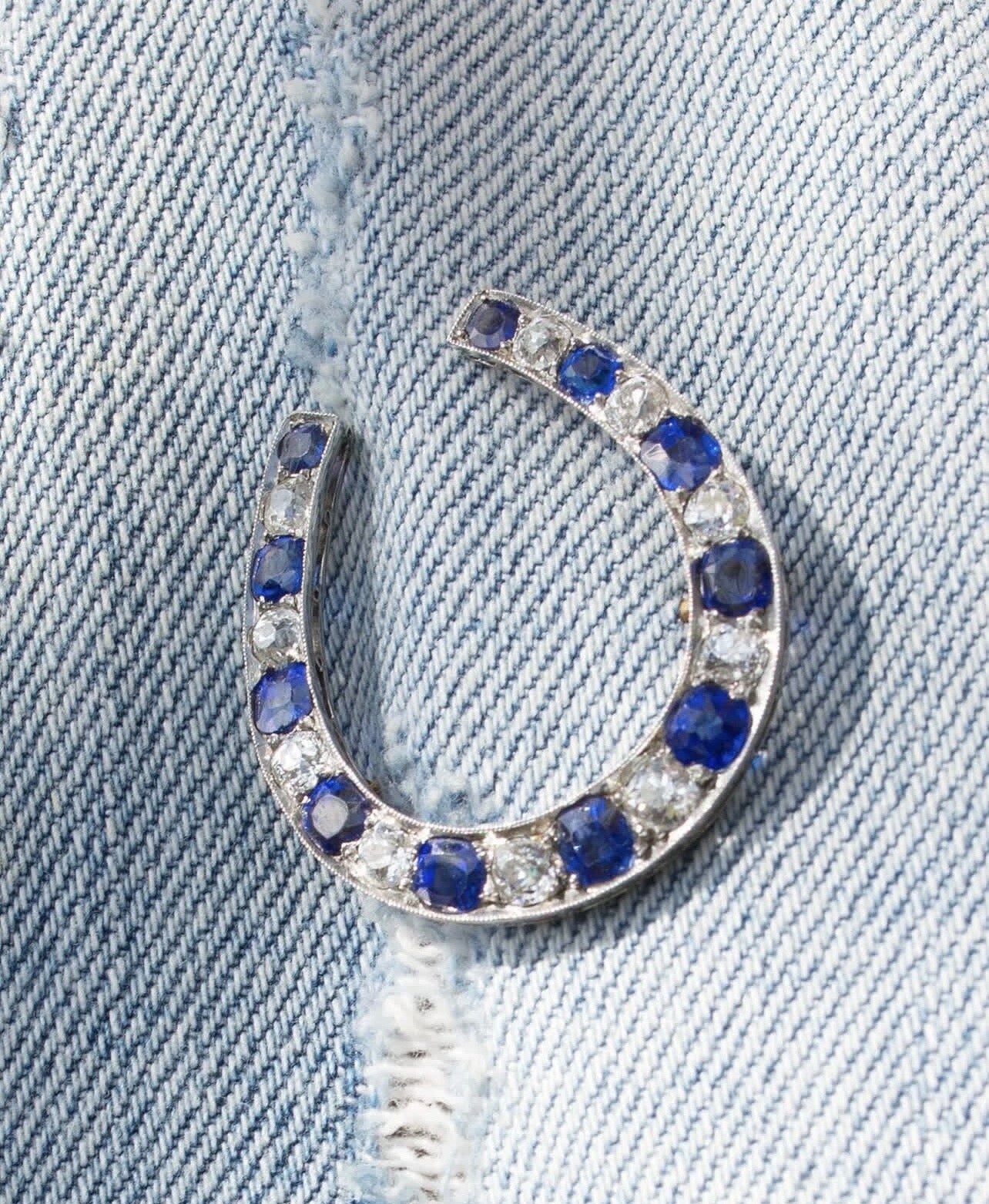 ANTIQUE • Victorian 14k Gold w/Rhodium Ceylon Sapphire & OMC Diamond Horseshoe