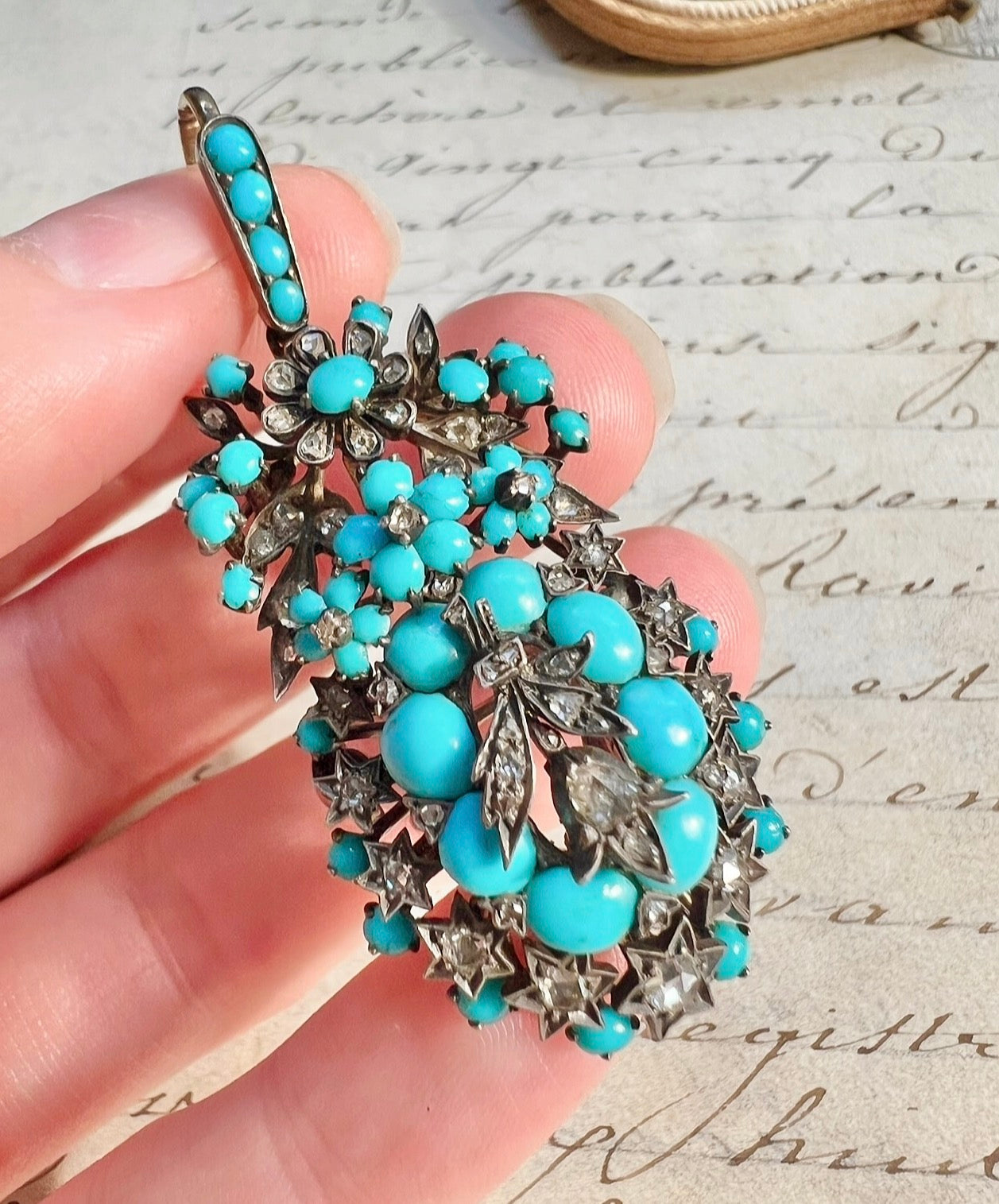 ANTIQUE • Victorian 14k Silver-Topped Gold Persian Turquoise & Rose Cut Diamond Pendant/Brooch