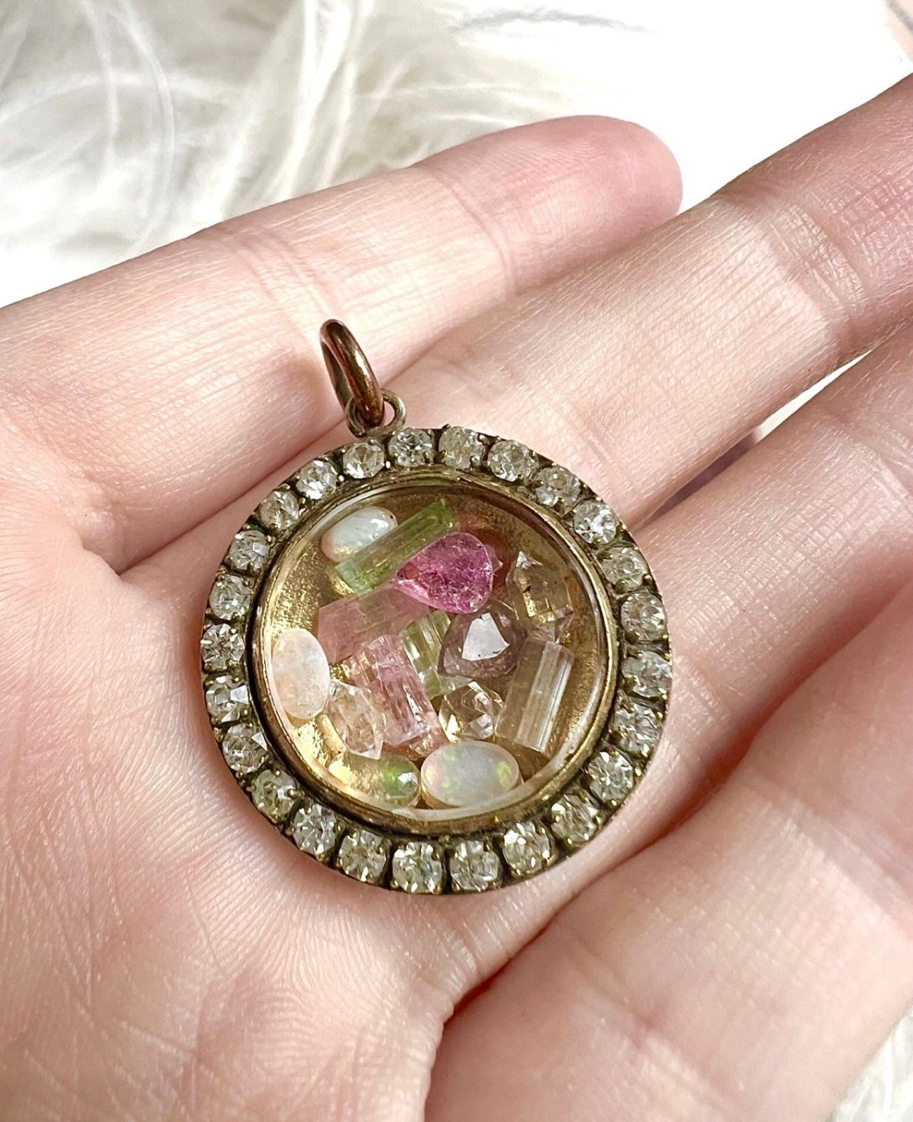 ANTIQUE • Victorian Gold Filled w/ Paste Diamond Halo Shaker Locket & Gemstones