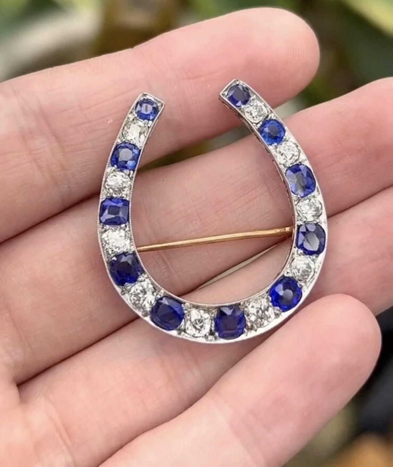 ANTIQUE • Victorian 14k Gold w/Rhodium Ceylon Sapphire & OMC Diamond Horseshoe