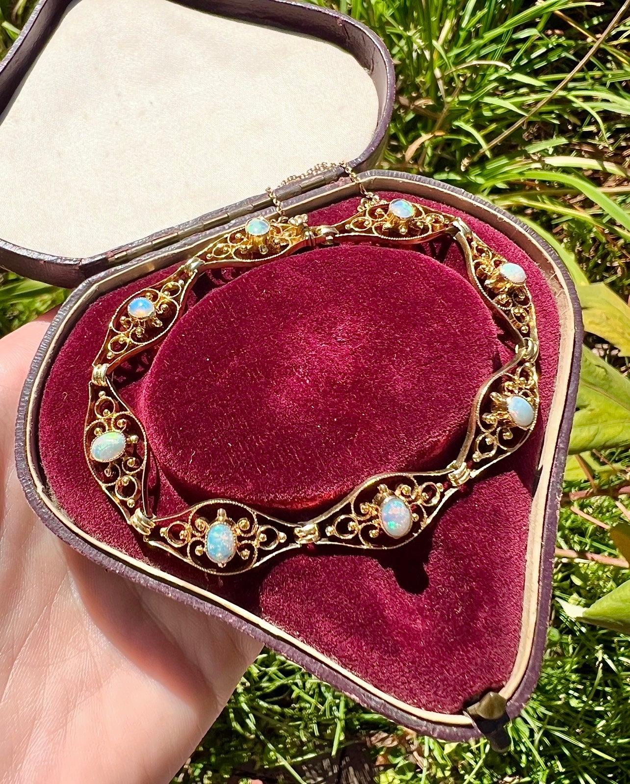 ANTIQUE • Art Nouveau 9ct Yellow Gold Filigree Australian Opal Bracelet