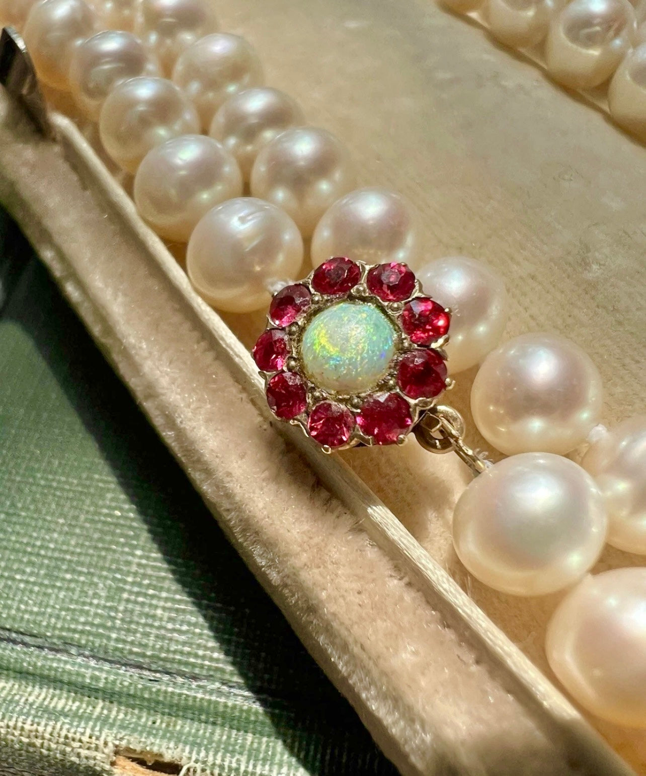 ANTIQUE • Victorian 14k Gold w/ Ruby & Opal Pearl Strand Necklace