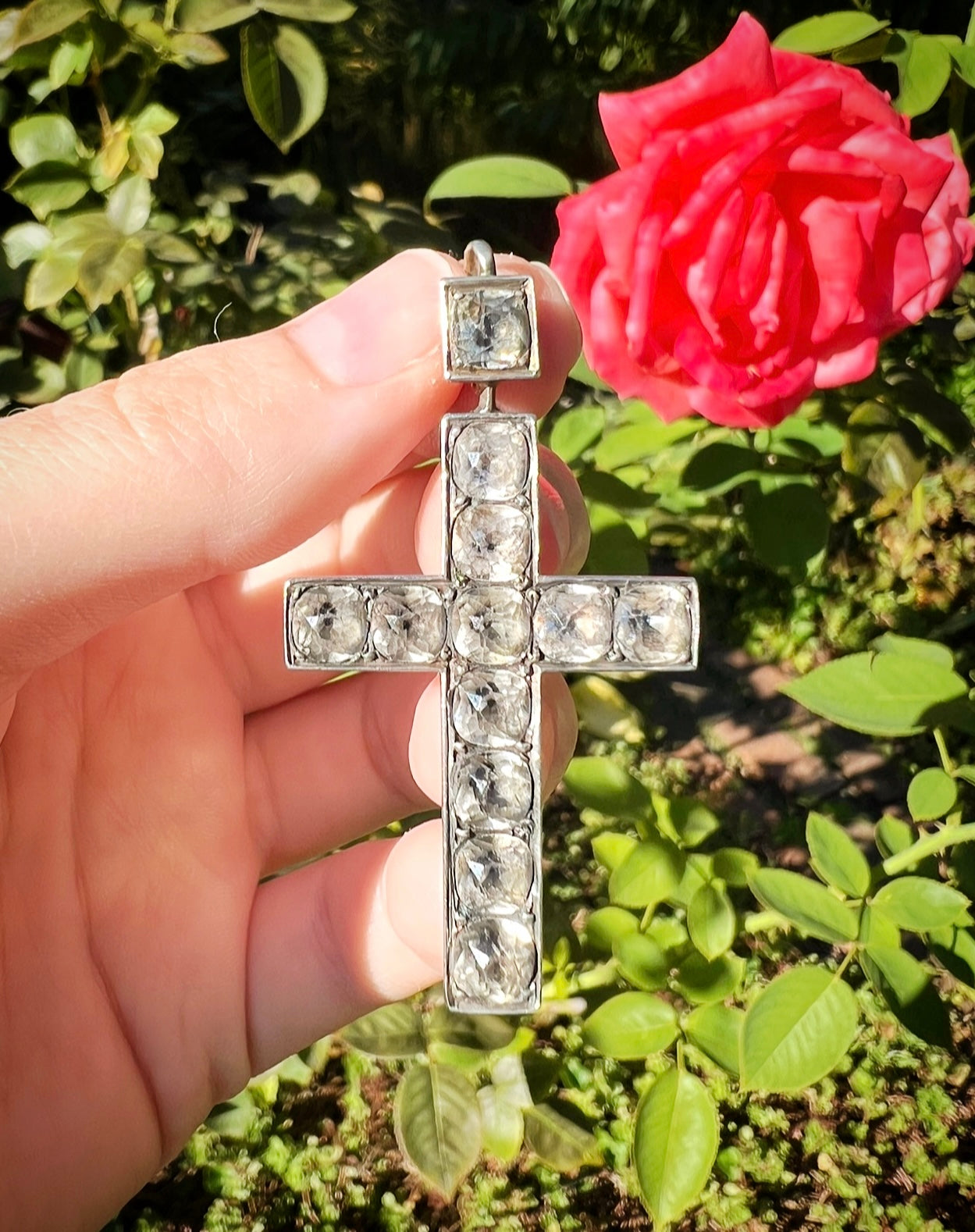 ANTIQUE • Victorian Sterling Silver w/ Black Dot Paste Crystal Cross Pendant