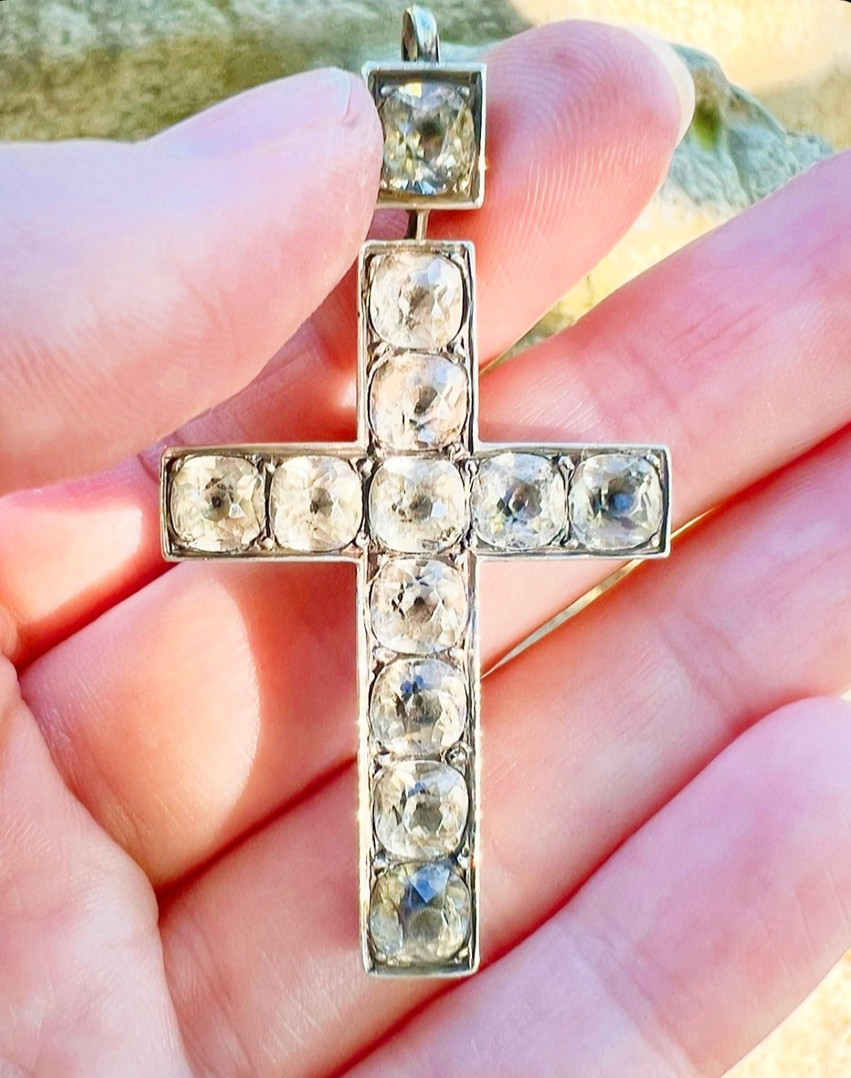 ANTIQUE • Victorian Sterling Silver w/ Black Dot Paste Crystal Cross Pendant
