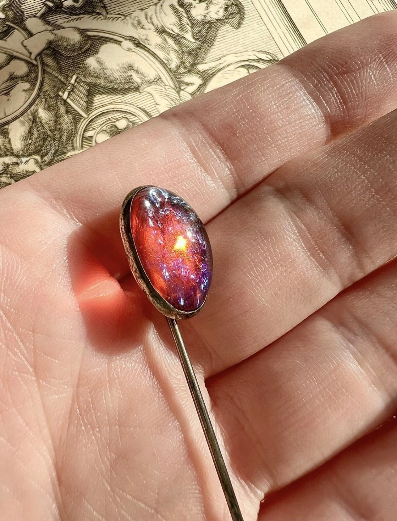 ANTIQUE • Victorian Sterling Silver w/ Dragons Breath Cabochon Stick Pin