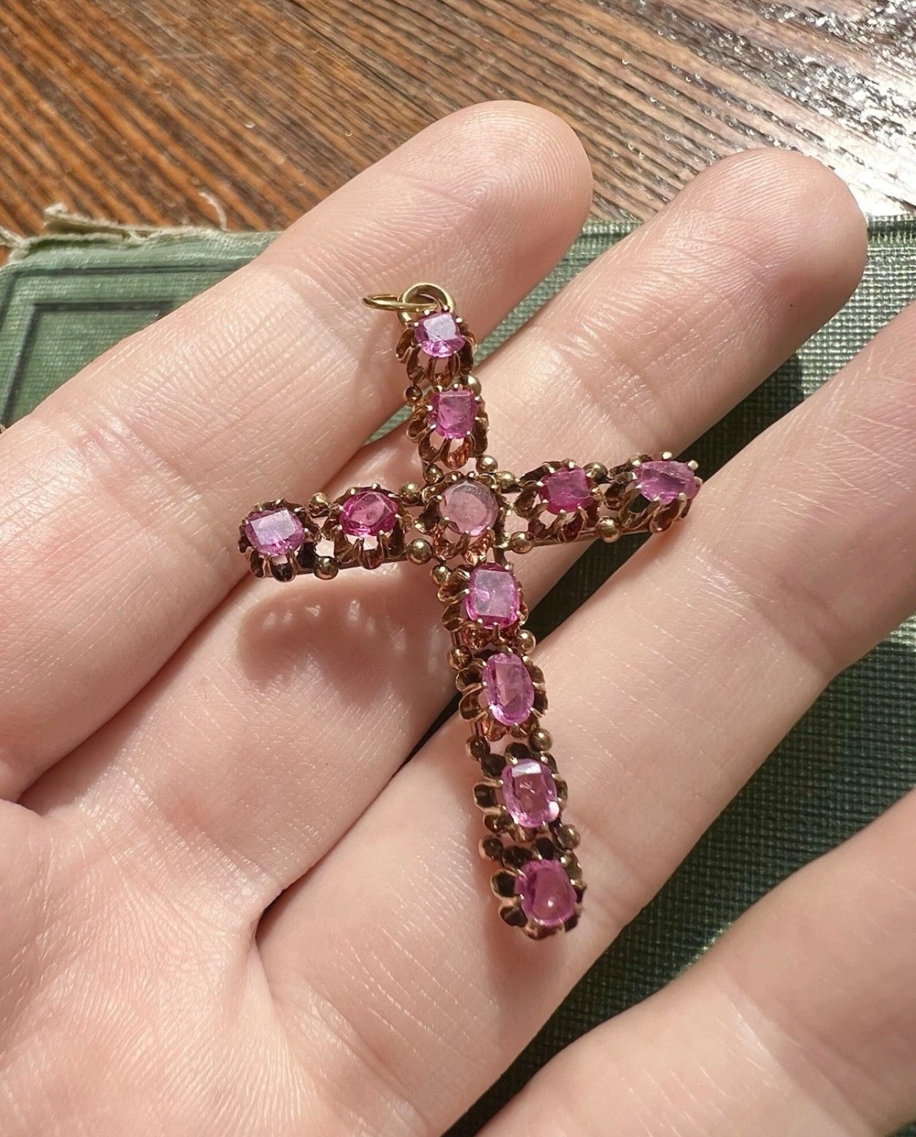 ANTIQUE • Victorian 14k Yellow Gold Table-Cut Natural Ruby Cross Pendant