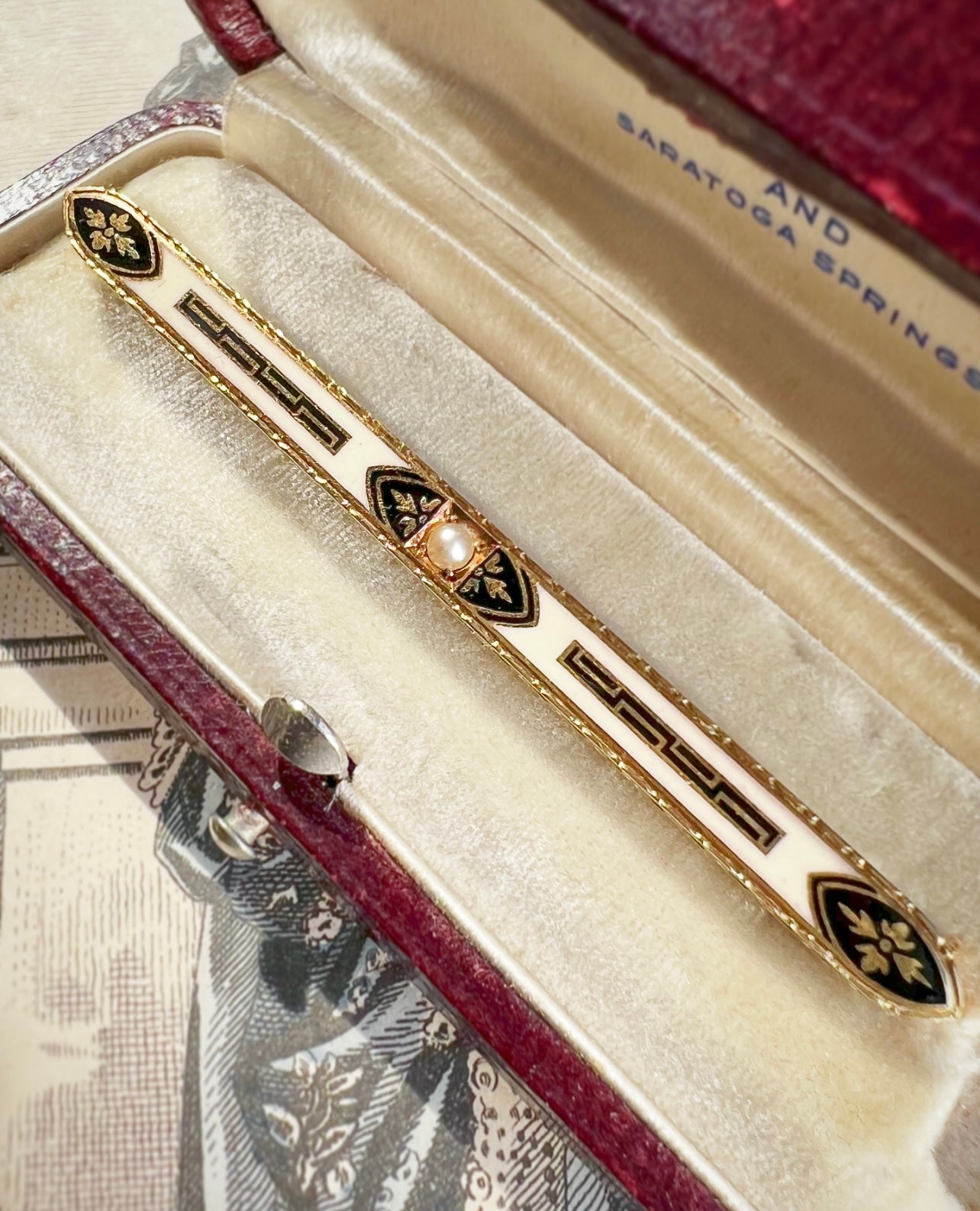ANTIQUE • Victorian 14k Yellow Gold Taille d’Epargne Enamel & Pearl Bar Brooch