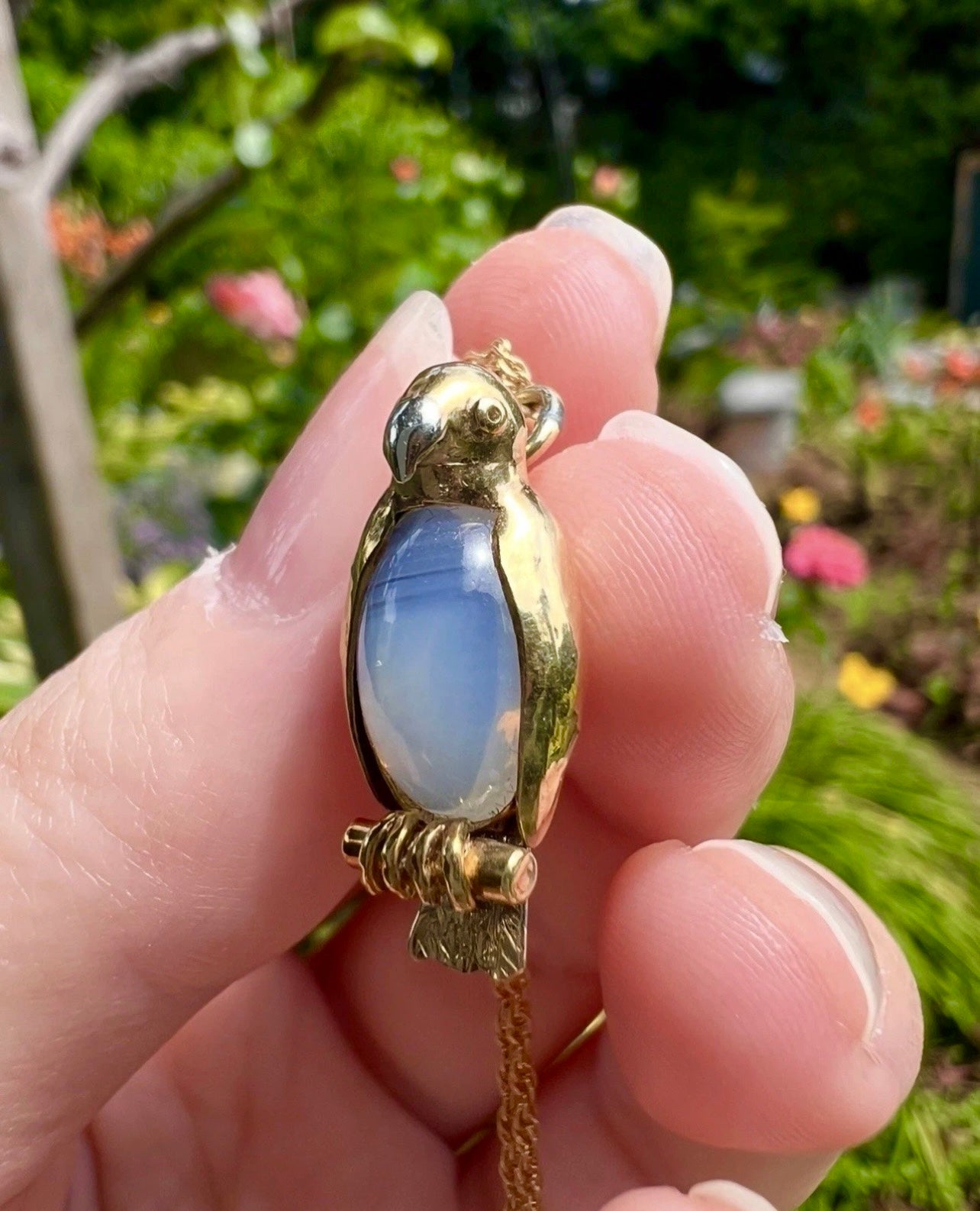 ANTIQUE • Art Deco 14k Tri-Tone Gold Chalcedony Parrot Charm Pendant
