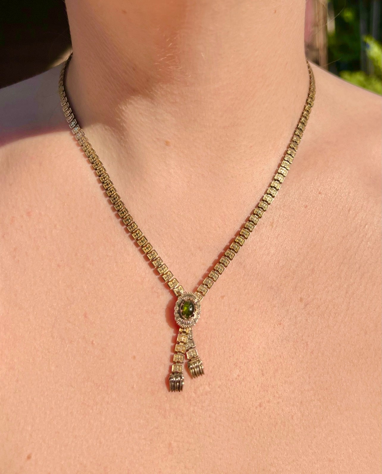 ANTIQUE • Victorian 10k Yellow Gold Book Chain Necklace w/ Tourmaline Clasp