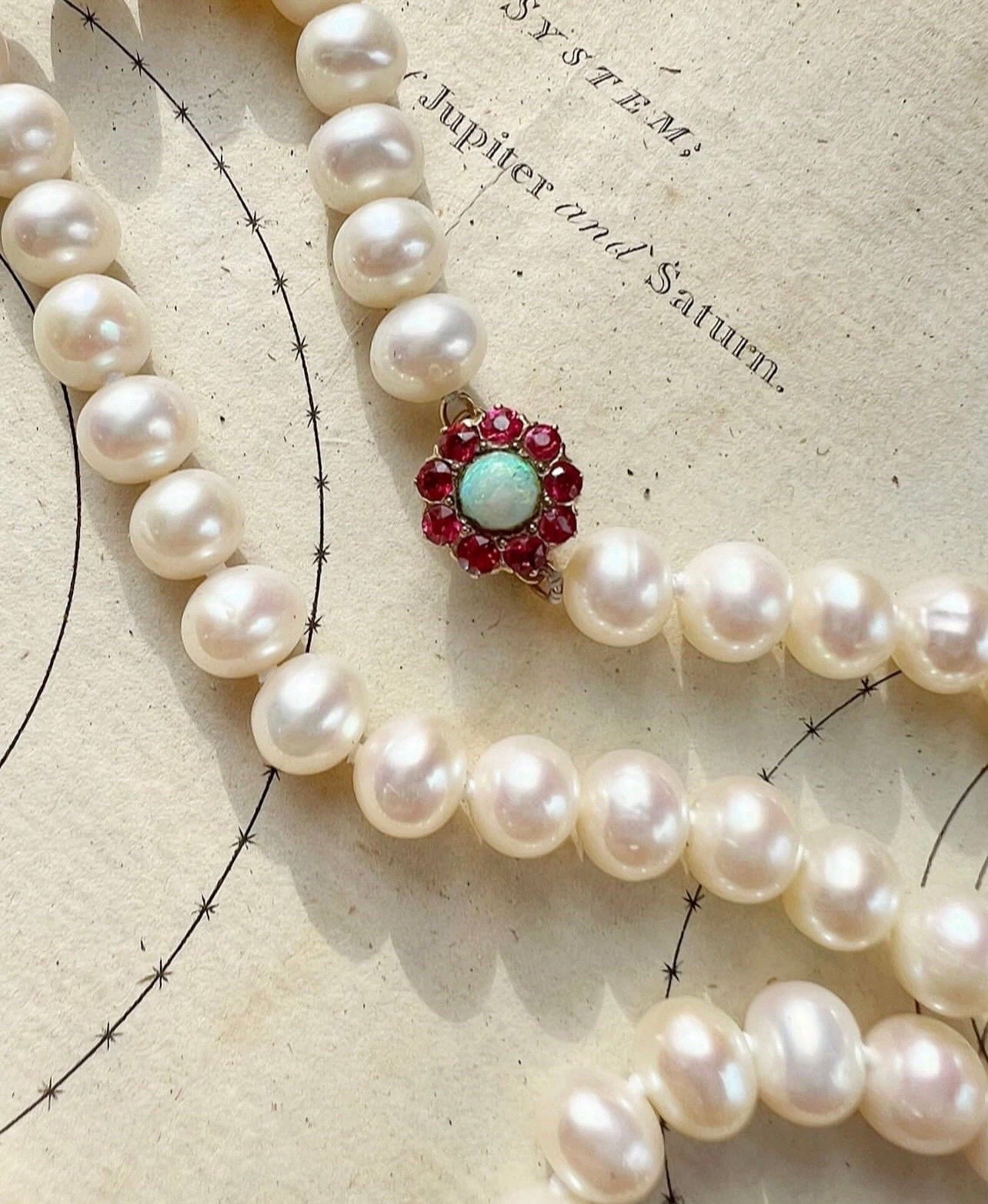ANTIQUE • Victorian 14k Gold w/ Ruby & Opal Pearl Strand Necklace