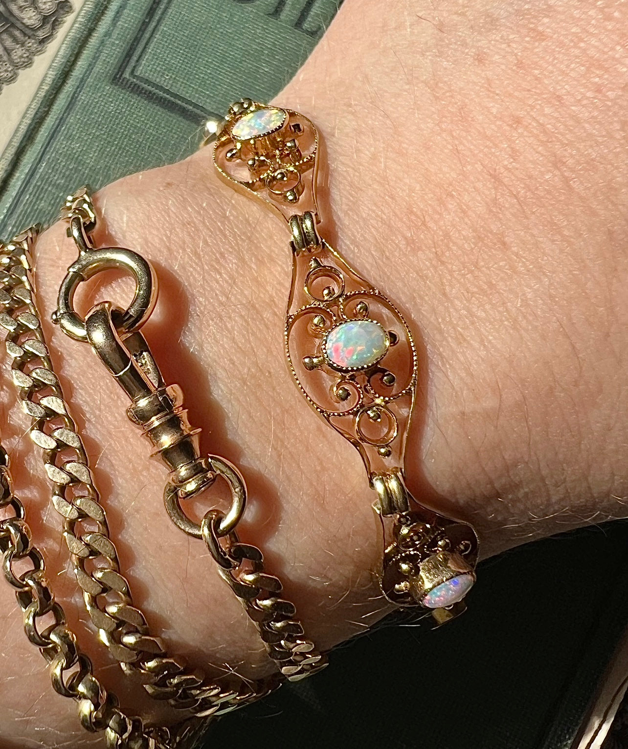 ANTIQUE • Art Nouveau 9ct Yellow Gold Filigree Australian Opal Bracelet