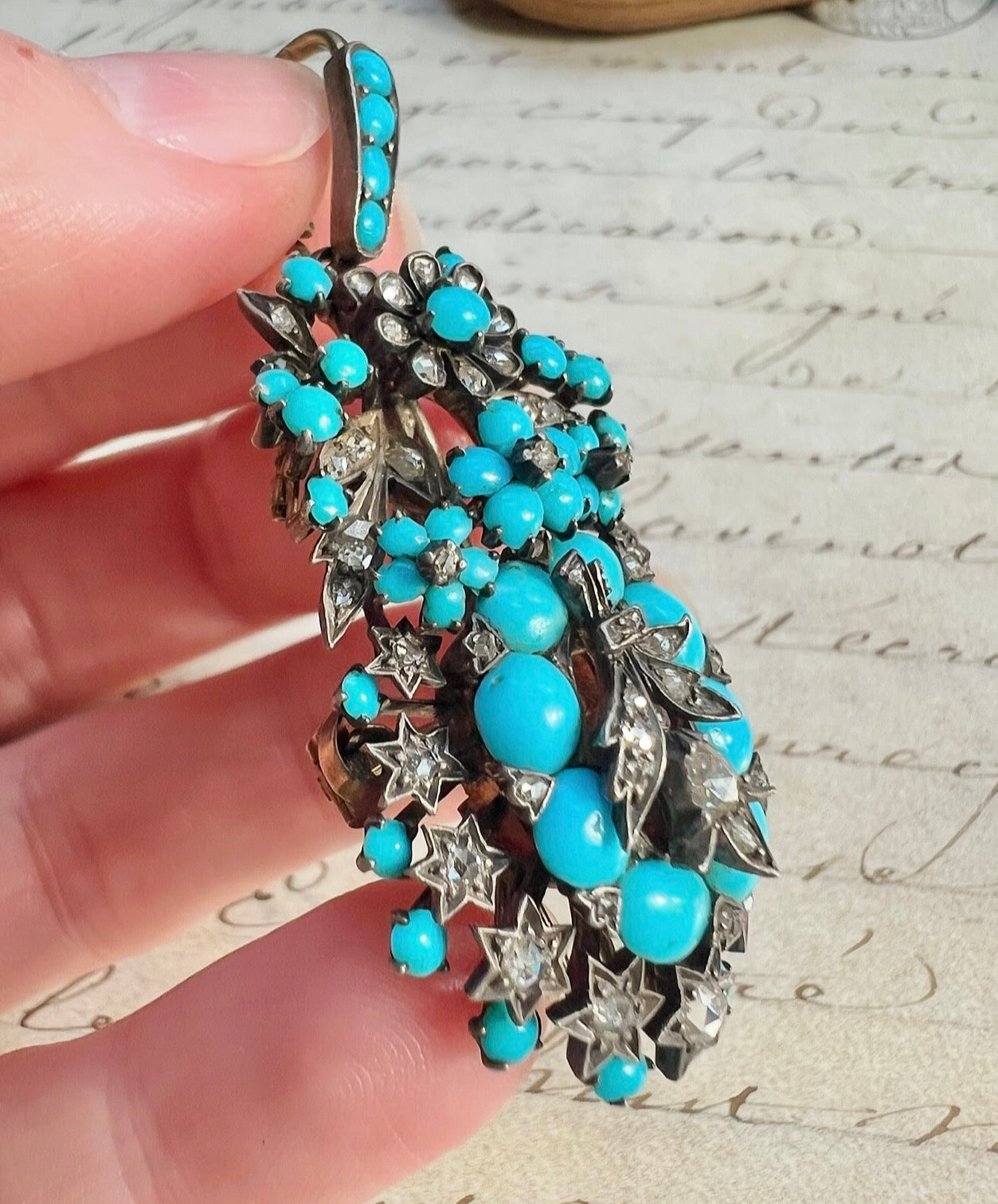 ANTIQUE • Victorian 14k Silver-Topped Gold Persian Turquoise & Rose Cut Diamond Pendant/Brooch