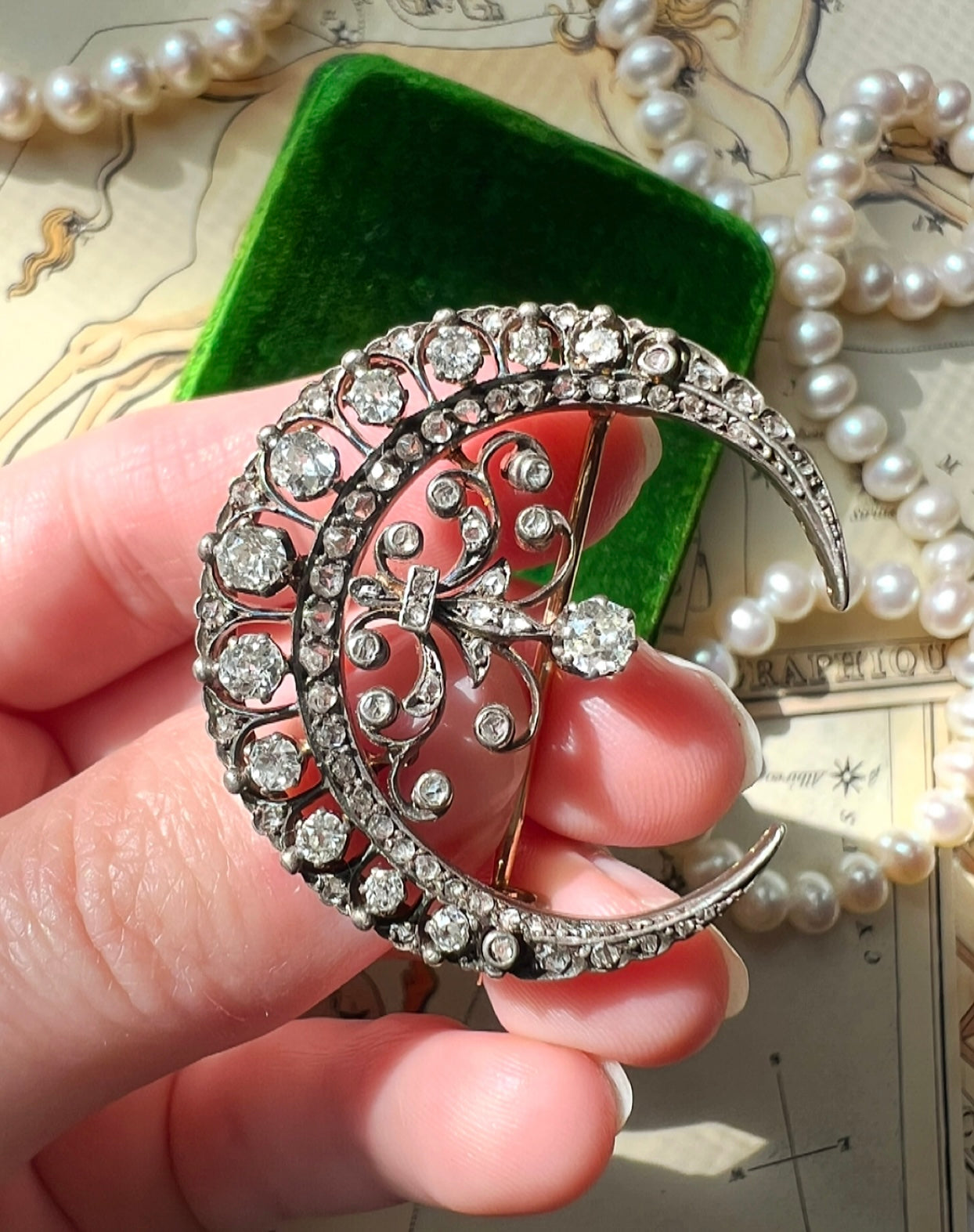 ANTIQUE • Victorian 18k Rosy Yellow Gold Old Mine Cut & Rose Cut Diamond Crescent Brooch