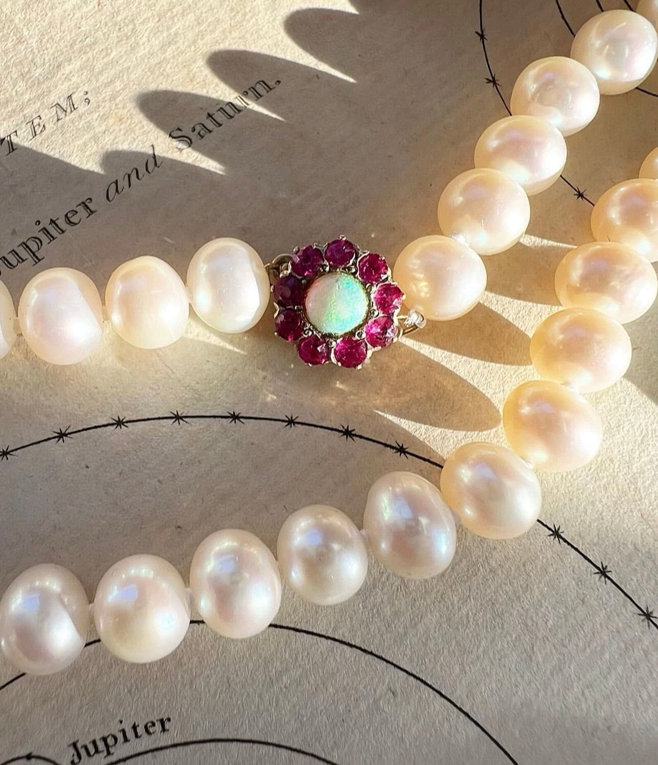 ANTIQUE • Victorian 14k Gold w/ Ruby & Opal Pearl Strand Necklace