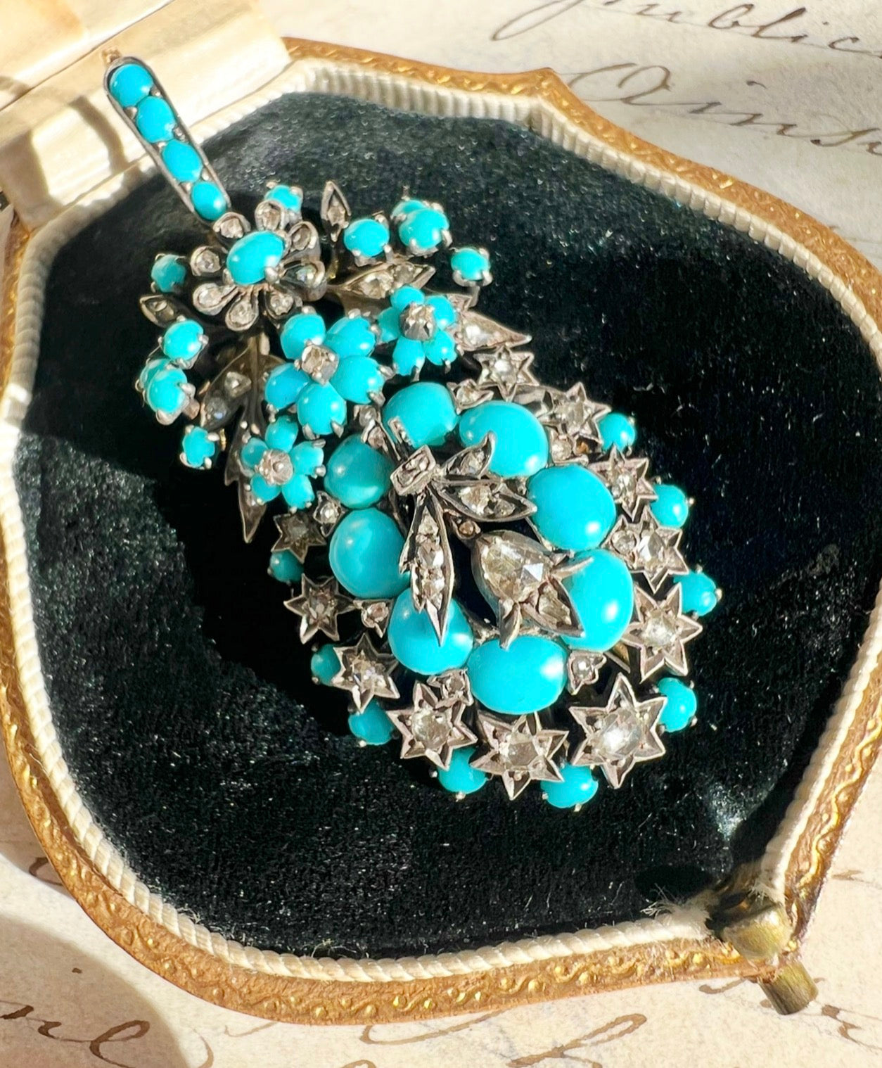 ANTIQUE • Victorian 14k Silver-Topped Gold Persian Turquoise & Rose Cut Diamond Pendant/Brooch