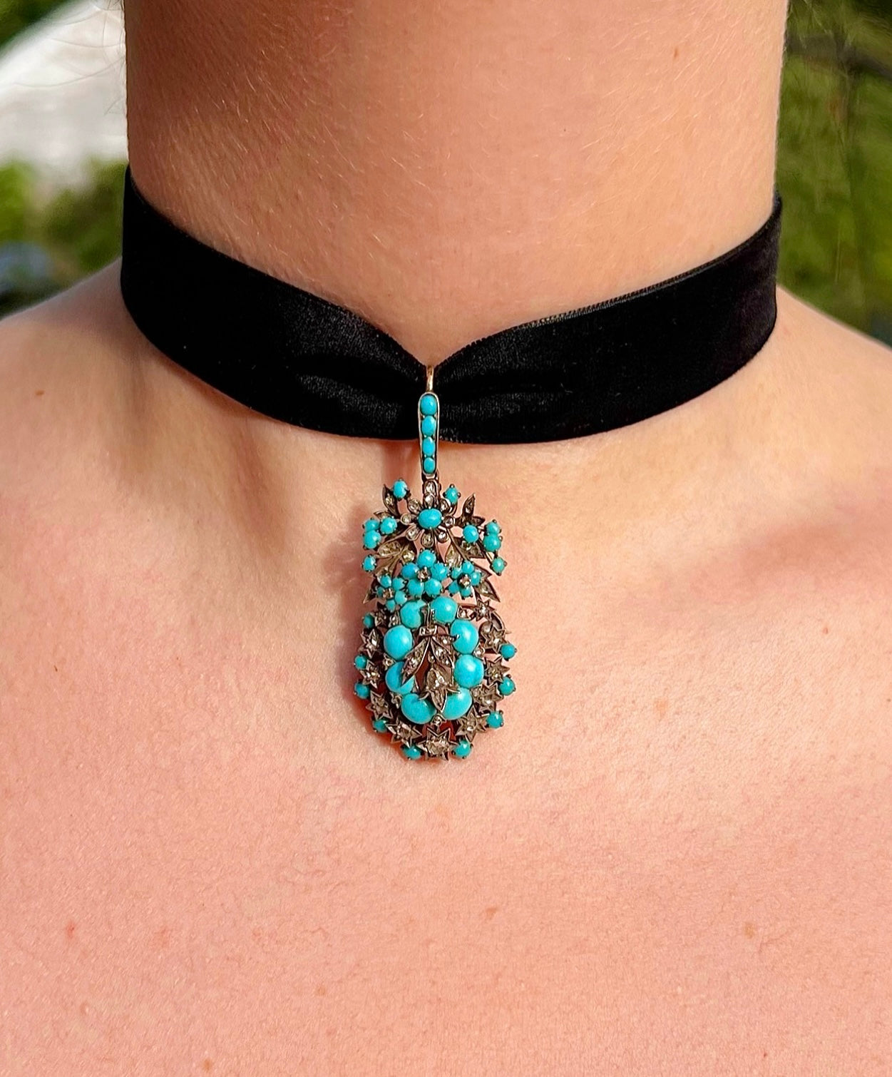 ANTIQUE • Victorian 14k Silver-Topped Gold Persian Turquoise & Rose Cut Diamond Pendant/Brooch