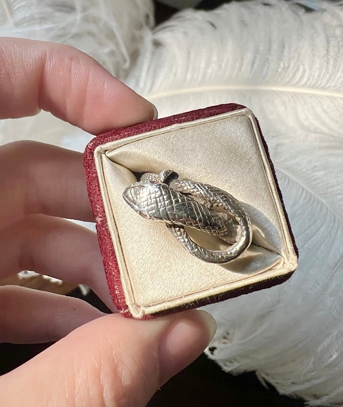 ANTIQUE • Victorian Sterling Silver Snake Ring w/ Garnet Eyes