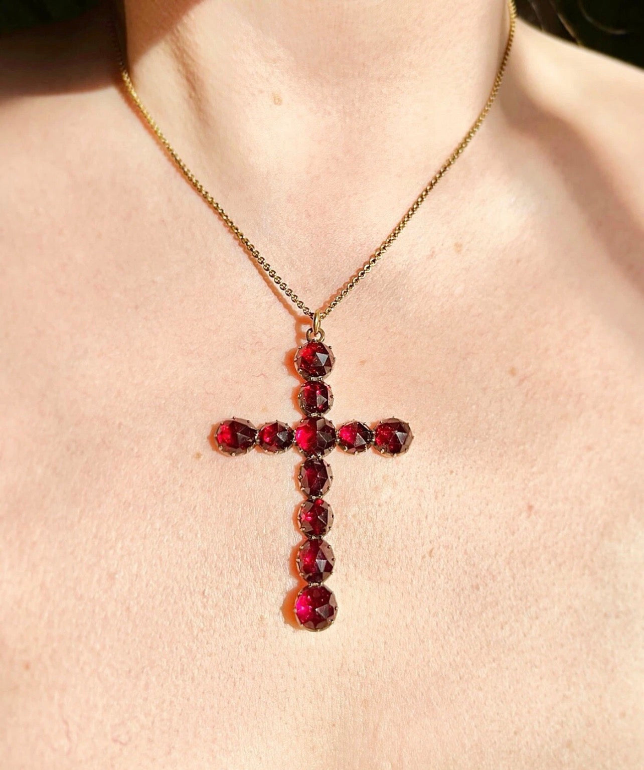 ANTIQUE • Georgian 14k Yellow Gold French Perpignan Garnet Cross Pendant