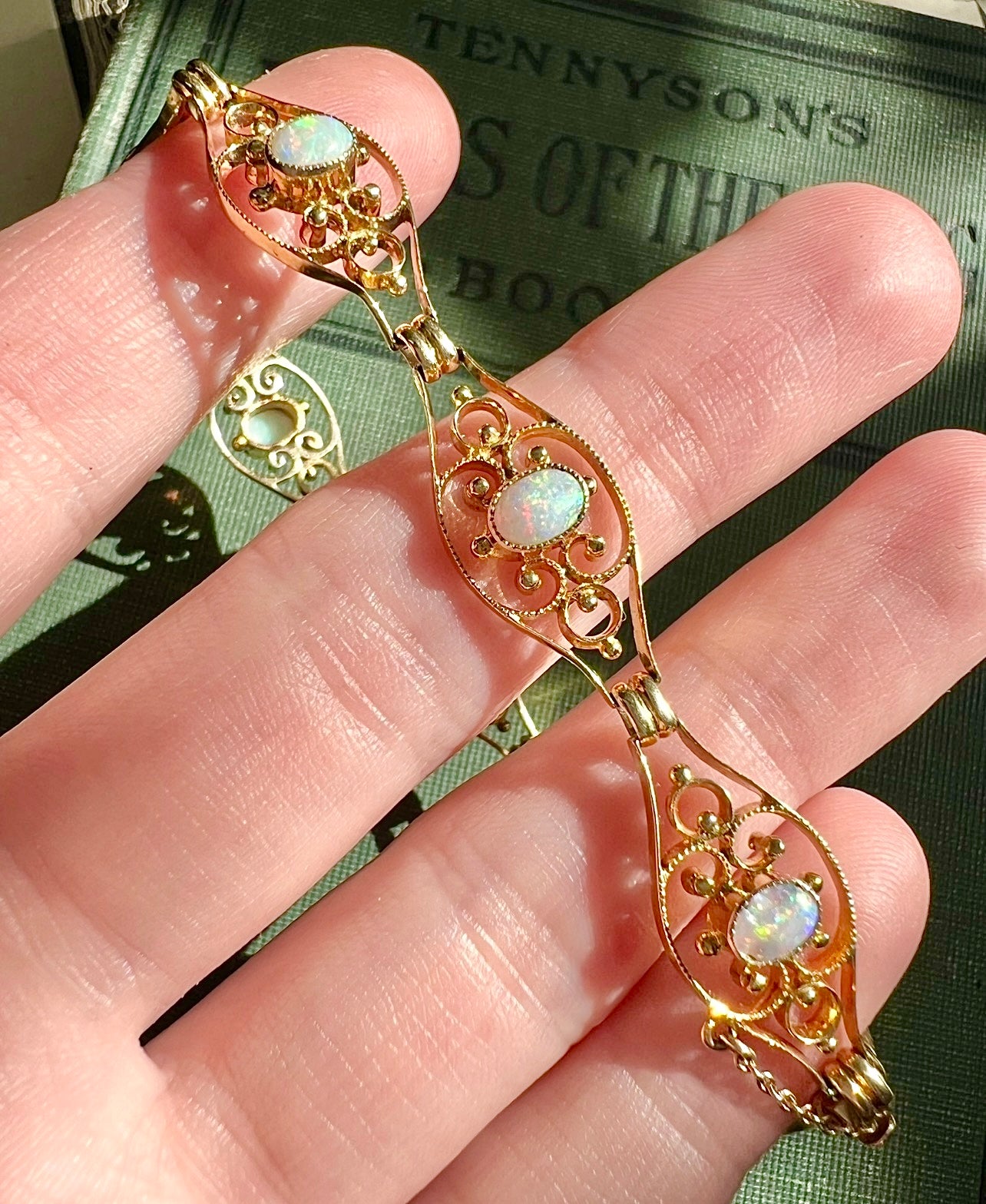 ANTIQUE • Art Nouveau 9ct Yellow Gold Filigree Australian Opal Bracelet