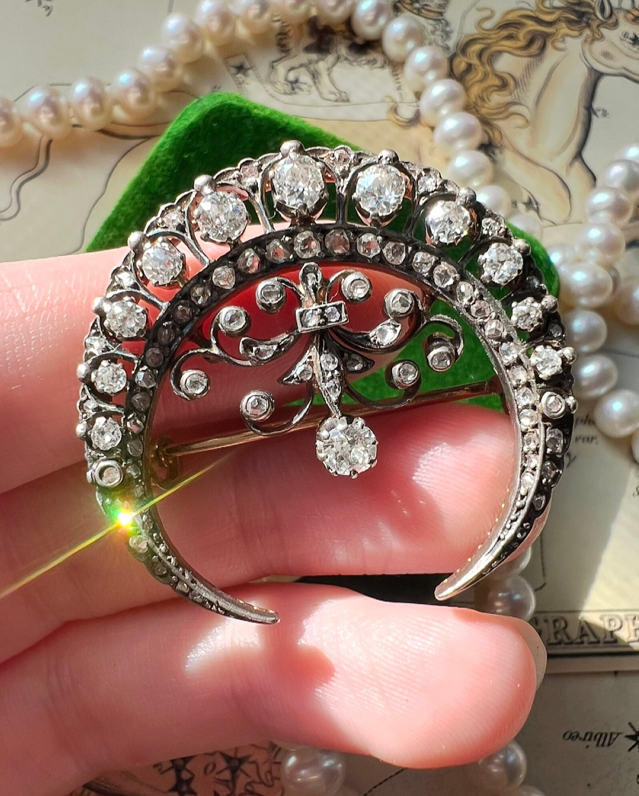 ANTIQUE • Victorian 18k Rosy Yellow Gold Old Mine Cut & Rose Cut Diamond Crescent Brooch