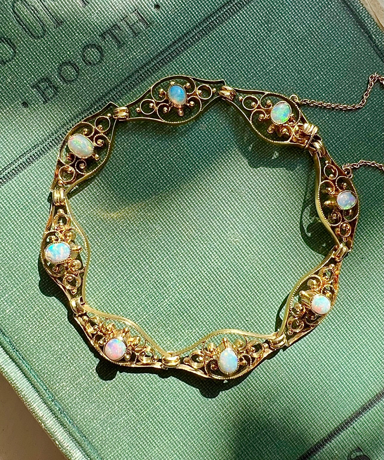ANTIQUE • Art Nouveau 9ct Yellow Gold Filigree Australian Opal Bracelet
