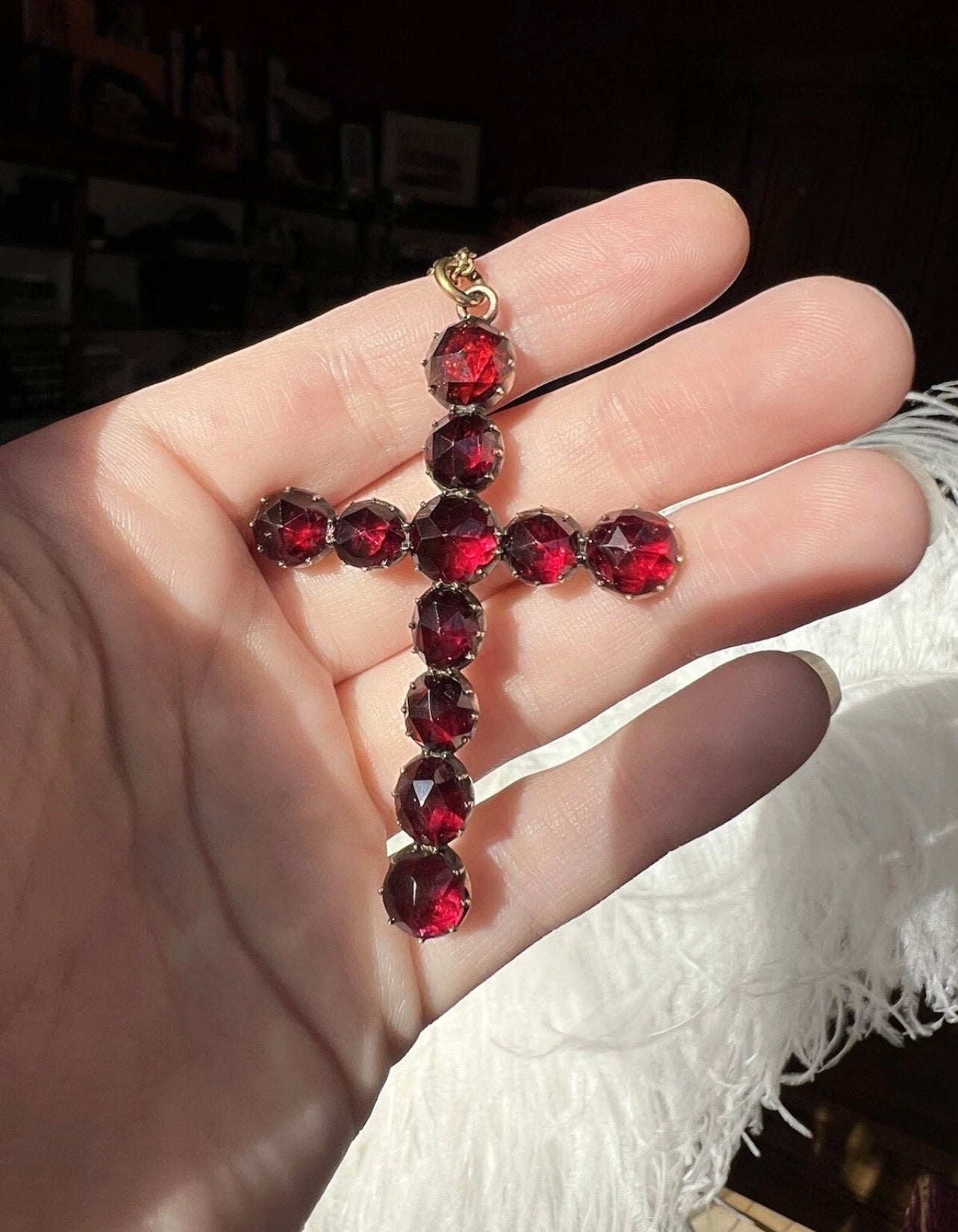 ANTIQUE • Georgian 14k Yellow Gold French Perpignan Garnet Cross Pendant