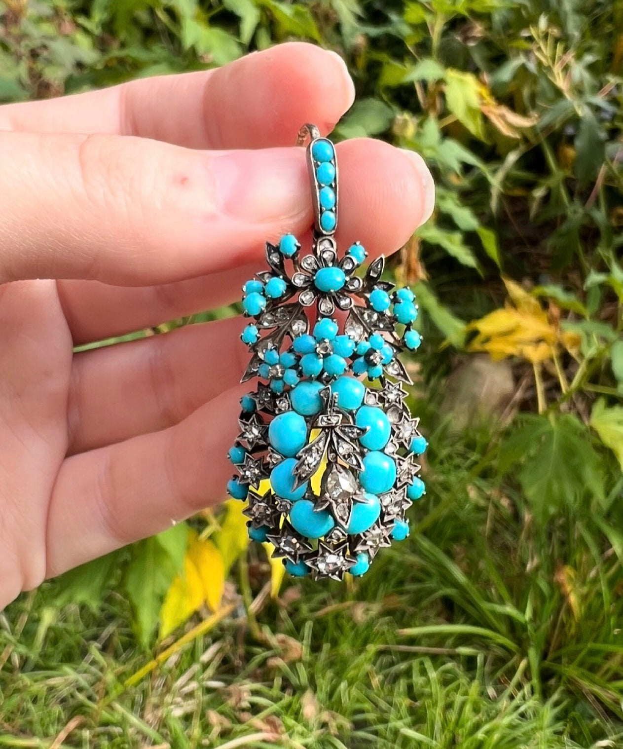 ANTIQUE • Victorian 14k Silver-Topped Gold Persian Turquoise & Rose Cut Diamond Pendant/Brooch