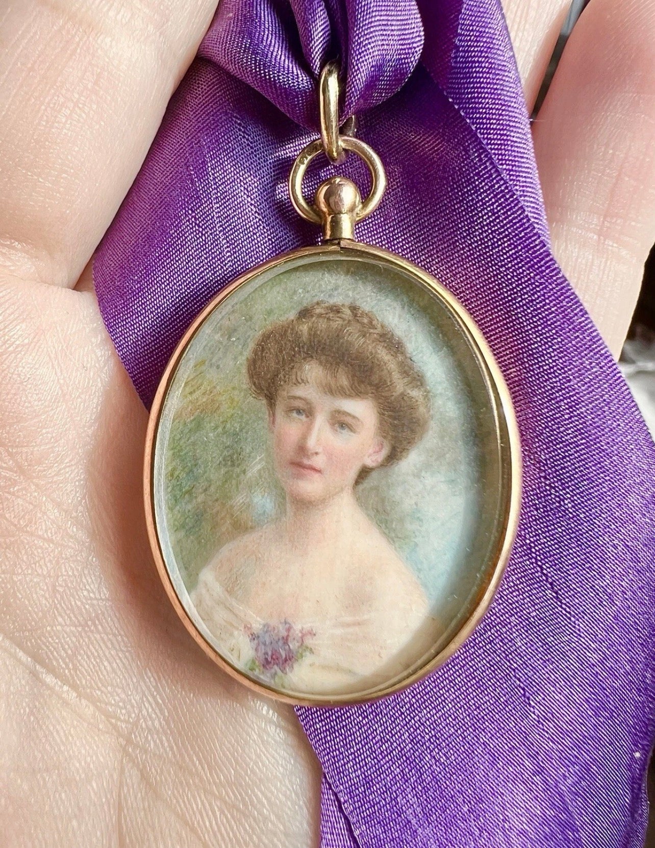 ANTIQUE • Art Nouveau 9ct Rose Gold Guache Miniature Maiden Portrait Pendant
