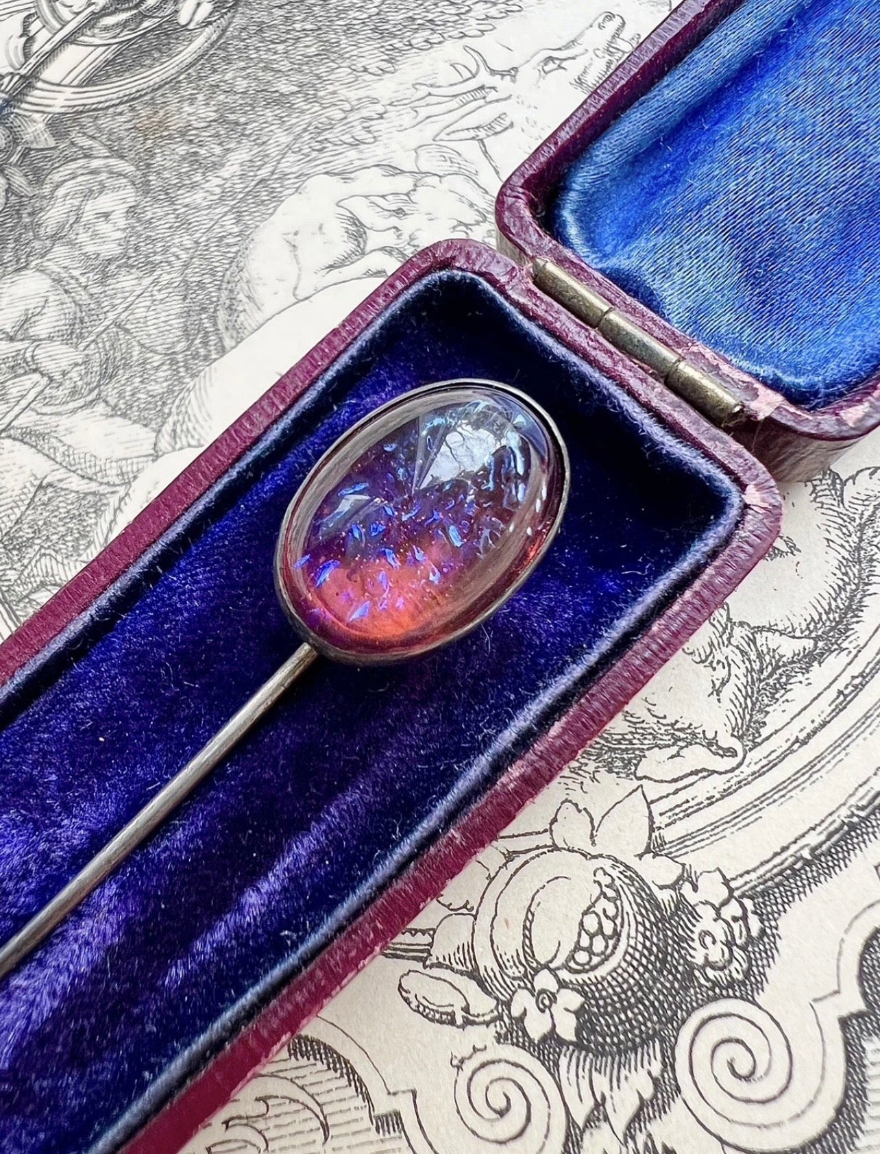 ANTIQUE • Victorian Sterling Silver w/ Dragons Breath Cabochon Stick Pin