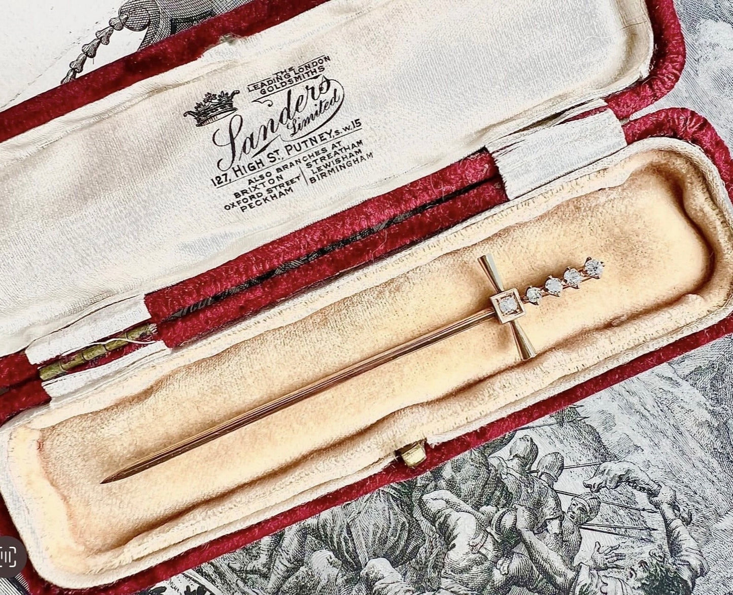 ANTIQUE • Art Deco 14k Yellow Gold w/ Old Mine Cut Diamonds Sword Stick Pin