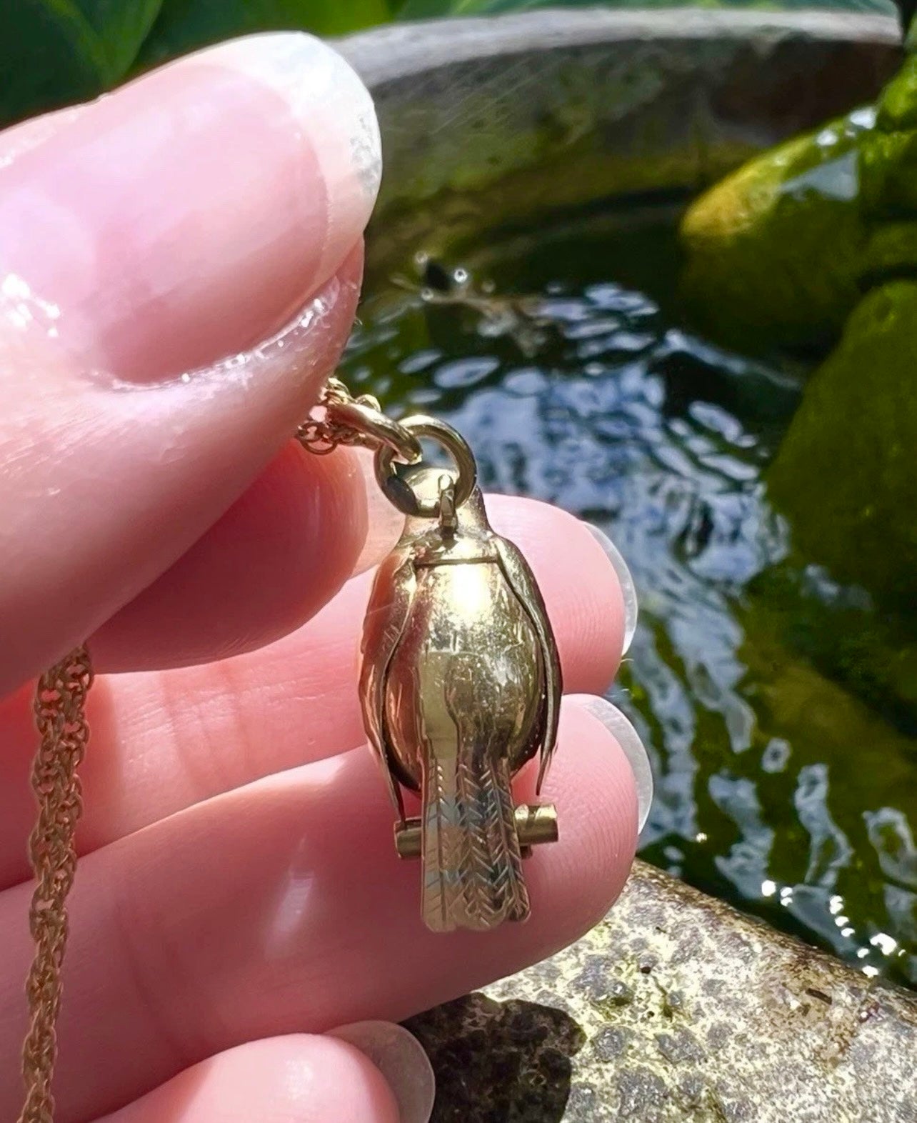 ANTIQUE • Art Deco 14k Tri-Tone Gold Chalcedony Parrot Charm Pendant