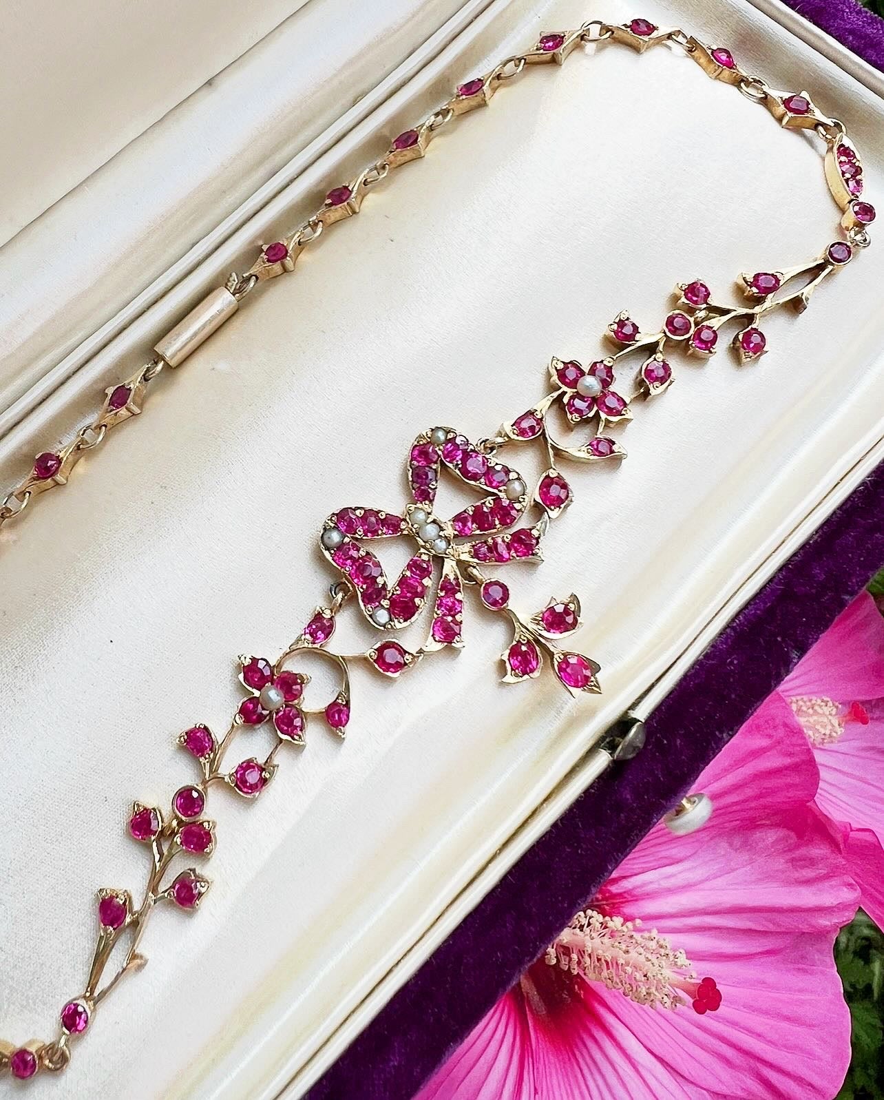 ANTIQUE • Victorian Natural Ruby Floral Necklace